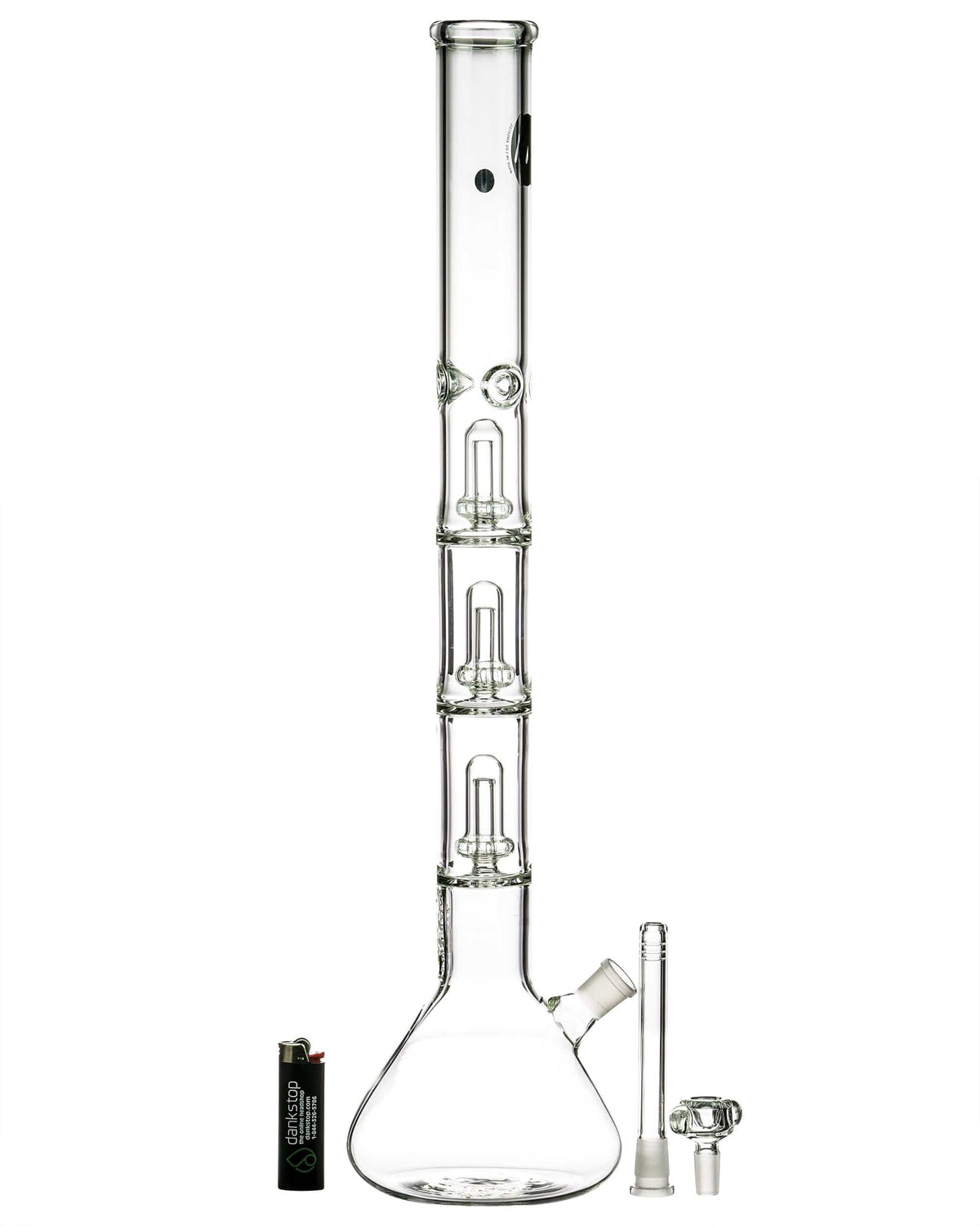 A straight-on view of the 26" Clear Triple Showerhead Perc Beaker Bong, showcasing its clear glass construction and multiple perculators.