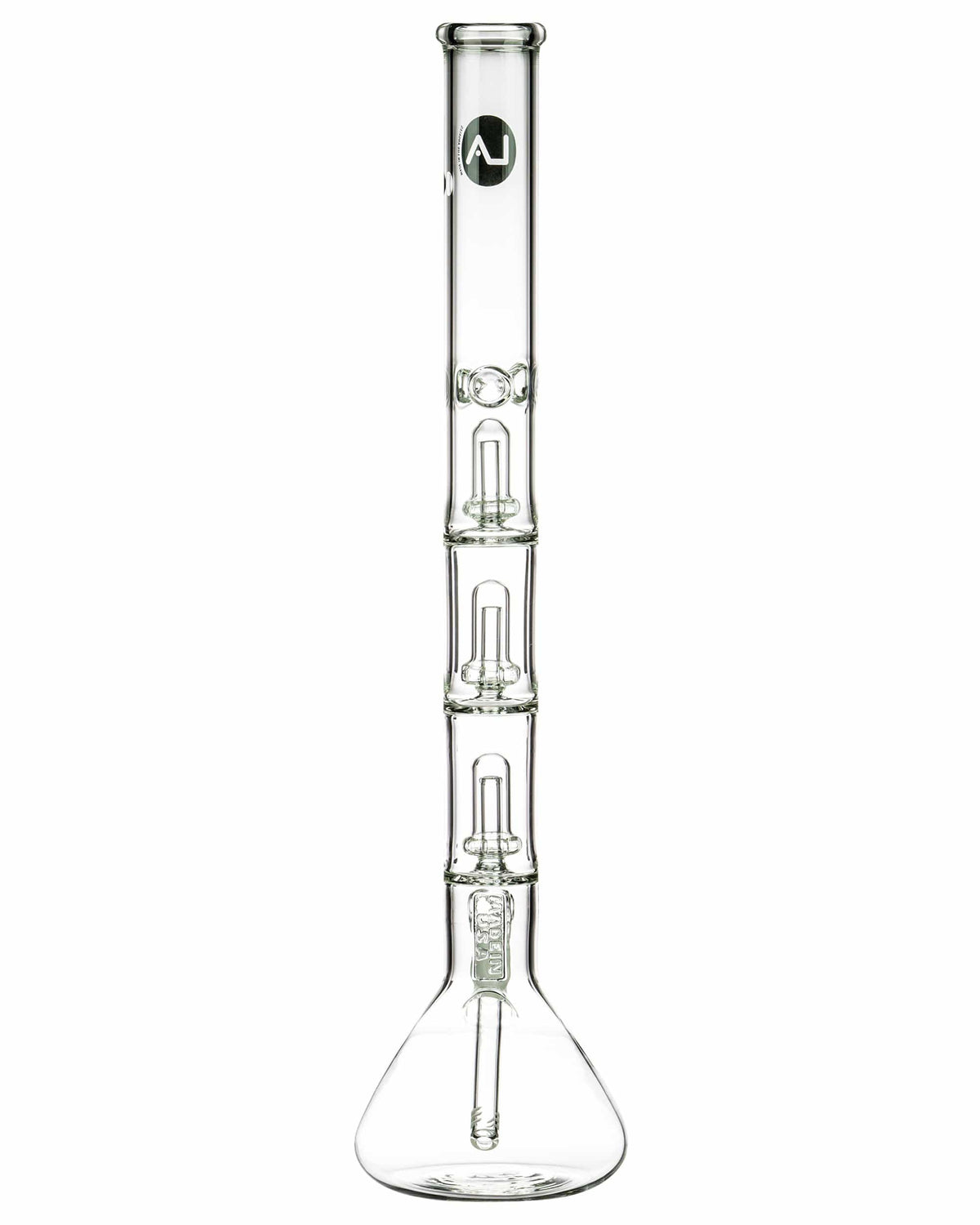 A straight-on view of the 26" Clear Triple Showerhead Perc Beaker Bong, showcasing its clear glass construction and layered perc diffusion.