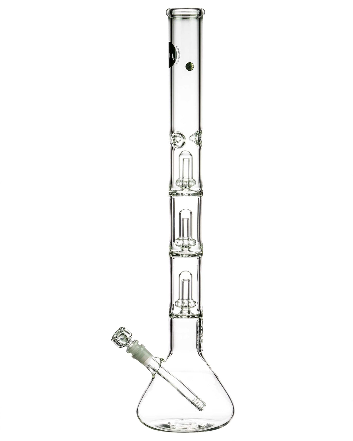 Front view of the 26" Clear Triple Showerhead Perc Beaker Bong, highlighting its clear glass construction and tall, cylindrical shape.