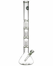 Front view of the 26" Clear Triple Showerhead Perc Beaker Bong, showcasing its tall, clear glass construction and showerhead perculators.