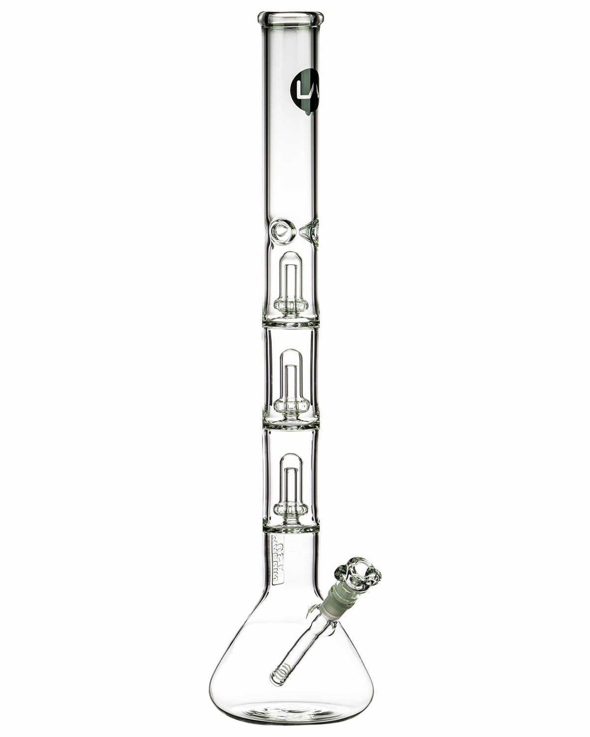 Front view of the 26" Clear Triple Showerhead Perc Beaker Bong, showcasing its tall, clear glass construction and showerhead perculators.