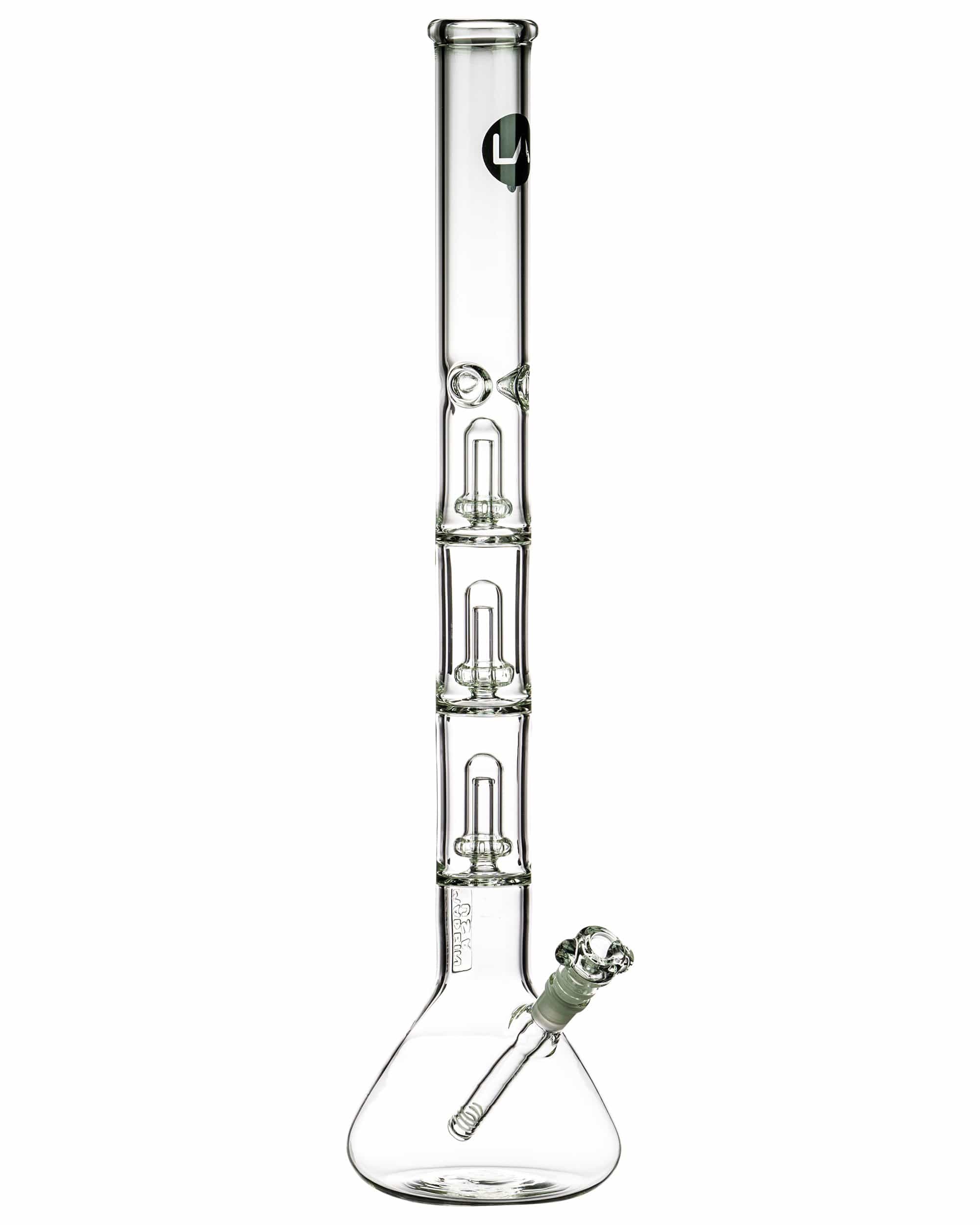 Front view of the 26" Clear Triple Showerhead Perc Beaker Bong, showcasing its tall, clear glass construction and showerhead perculators.