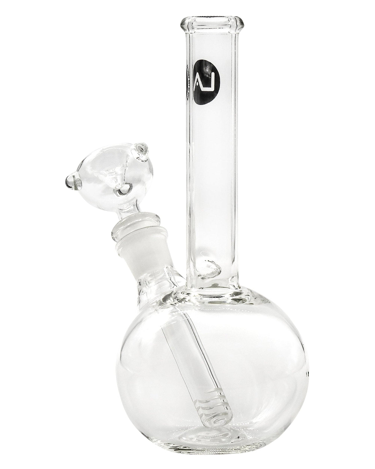 Front view of the 8" Bubble Beaker Waterpipe, a clear glass piece with a rounded base and slender neck.
