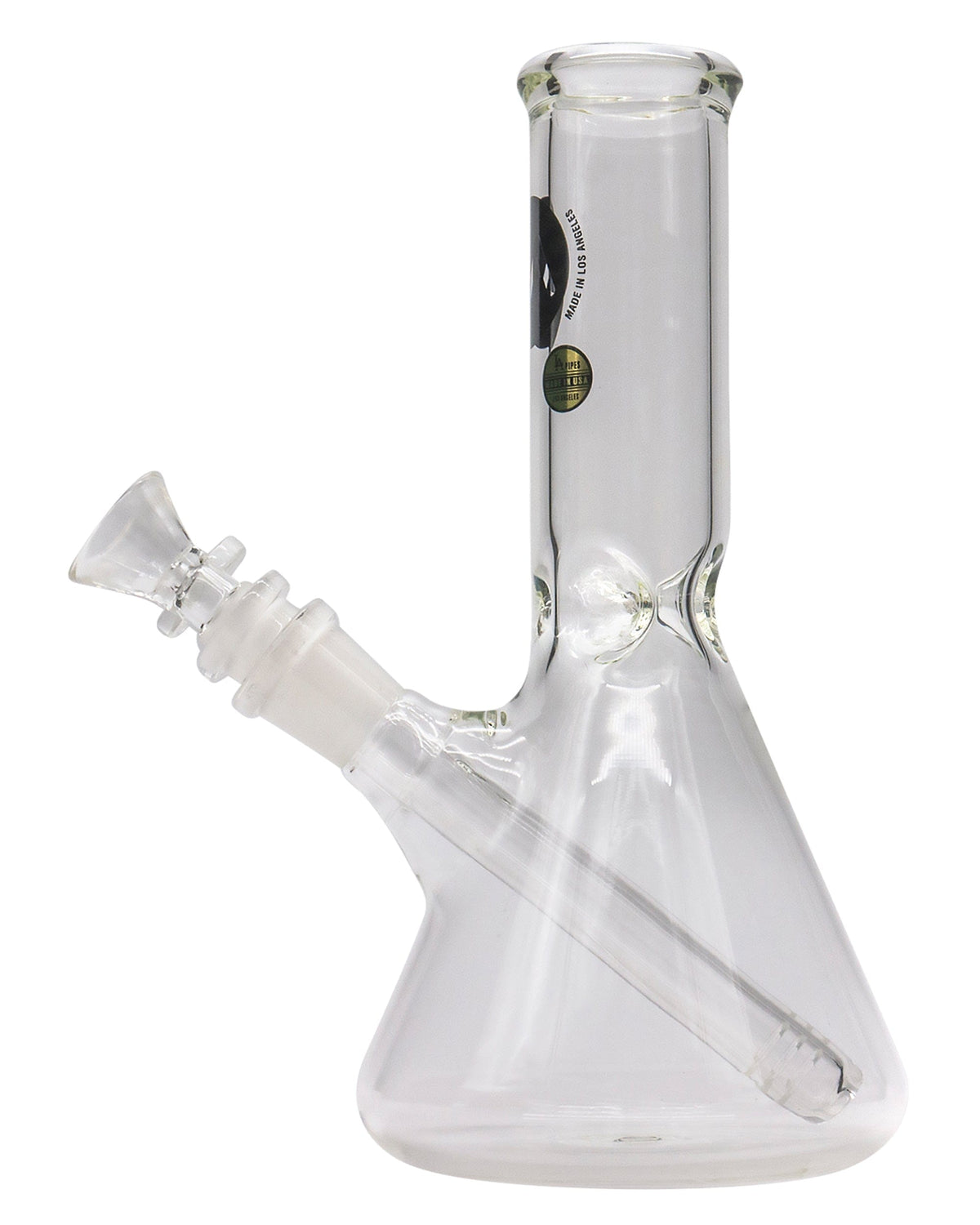 A straight-on view of the 8" Thick Glass Beaker Waterpipe, showcasing its clear glass construction and classic beaker shape.