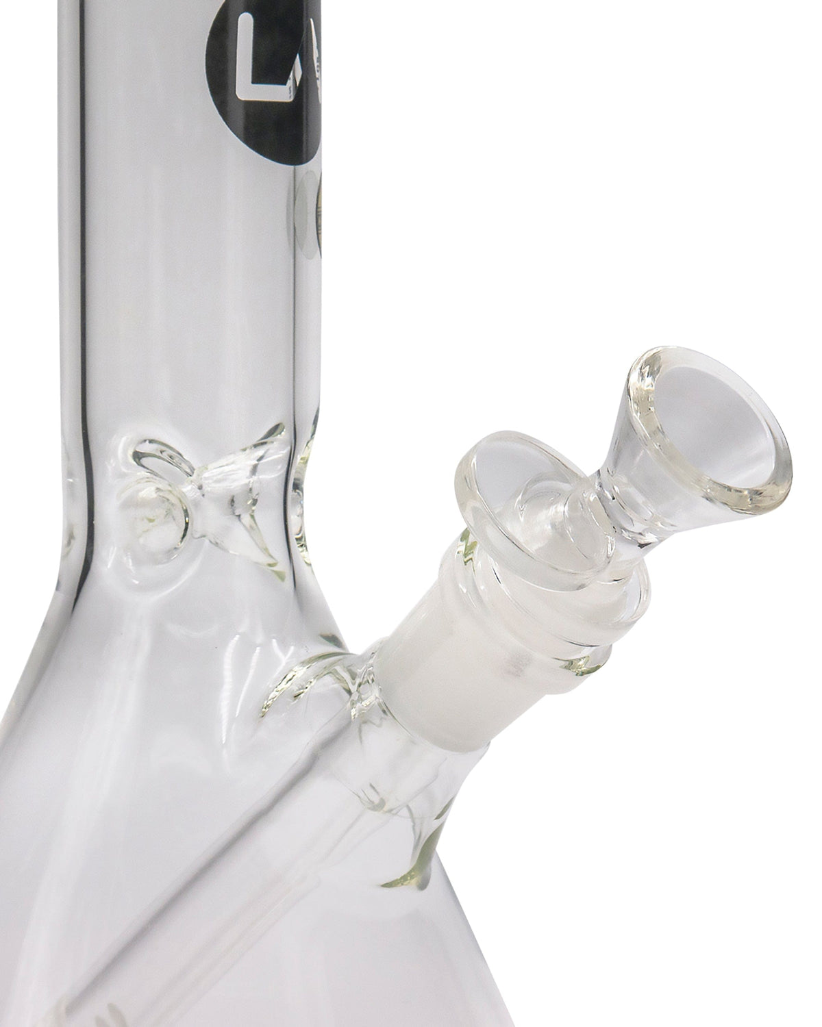 A close-up, angled view of the 8" Thick Glass Beaker Waterpipe, showcasing its clear glass construction and simple design.