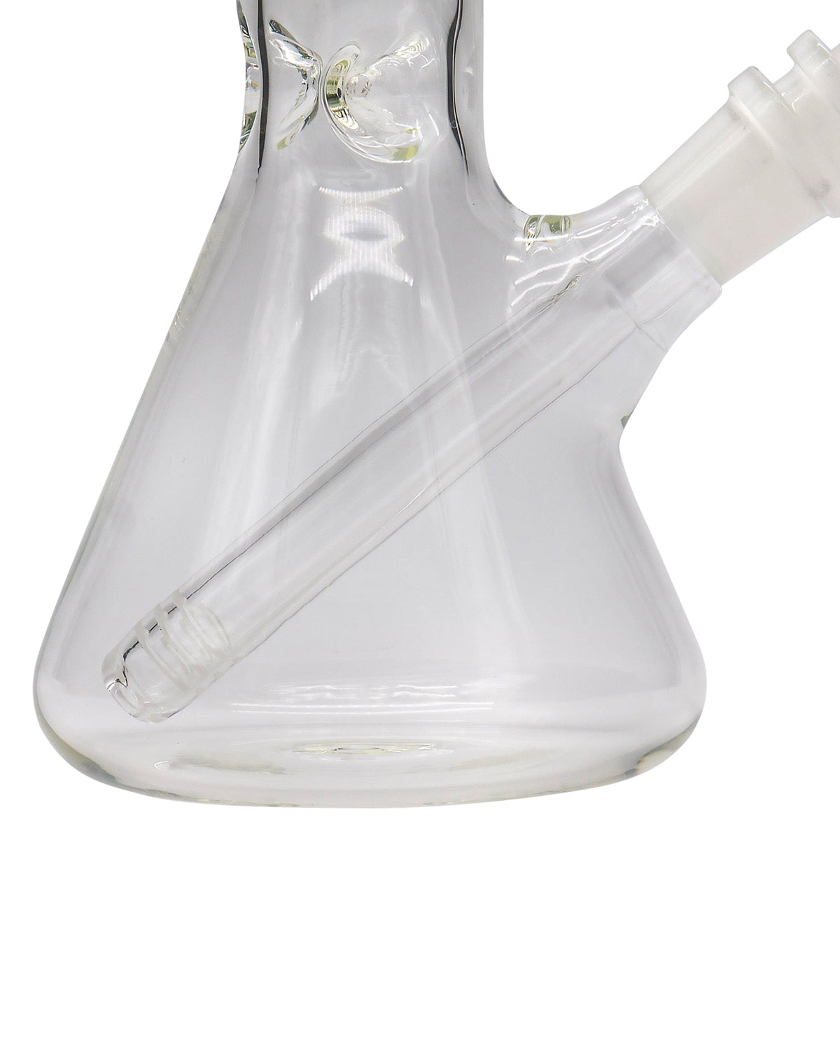 A three-quarter view of the 8" Thick Glass Beaker Waterpipe, displaying its clear glass construction and classic beaker shape.