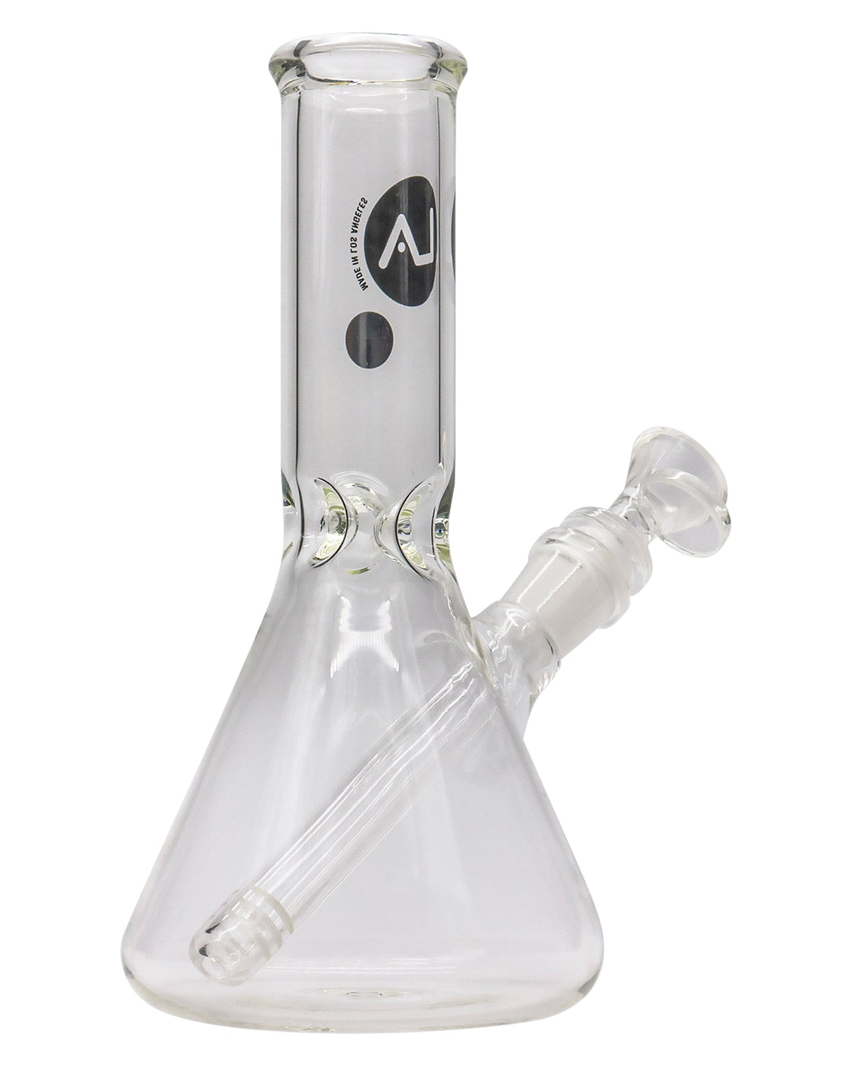 A studio shot of the 8" Thick Glass Beaker Waterpipe, displaying its clear glass construction and classic beaker shape.