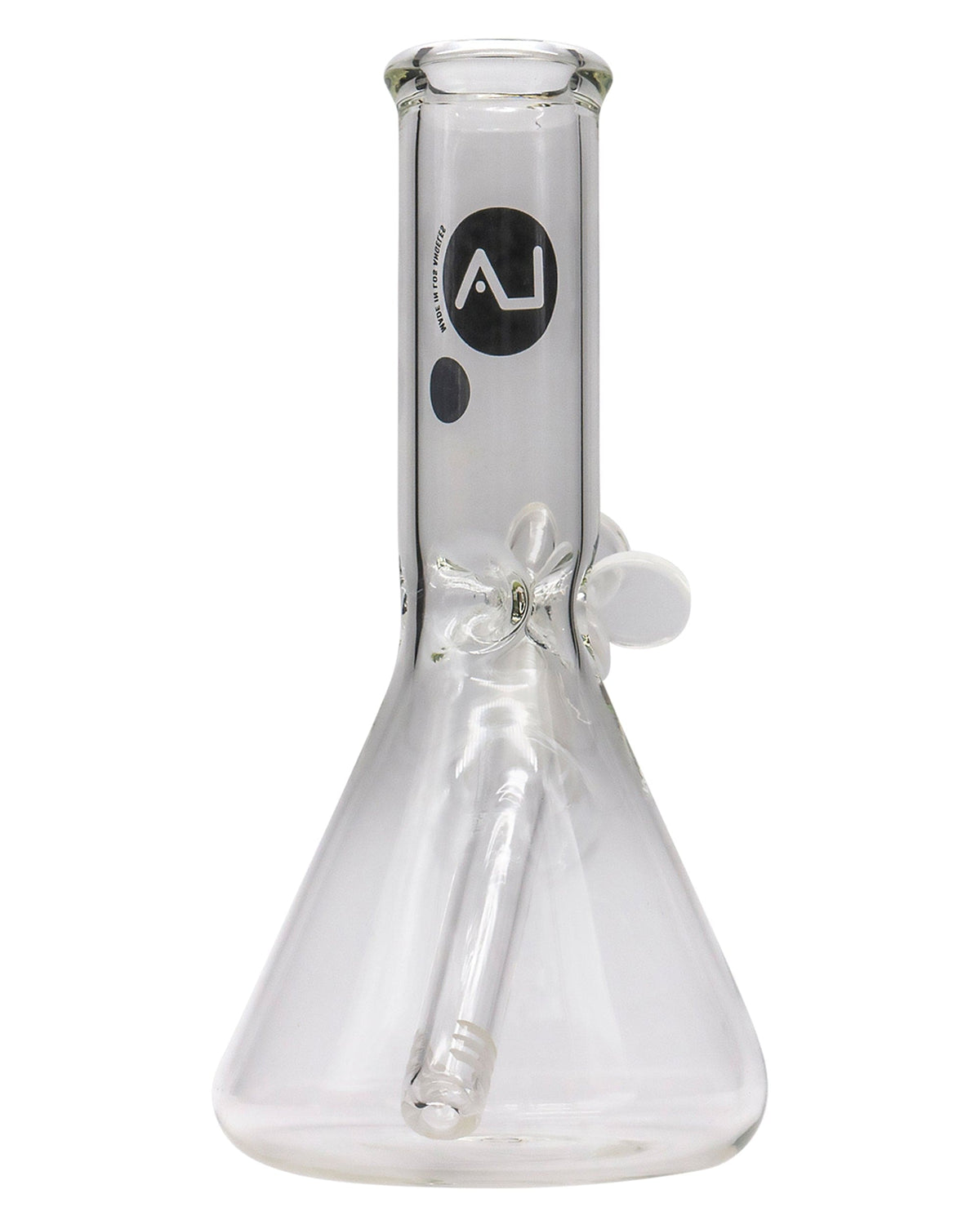 A studio shot of the 8" Thick Glass Beaker Waterpipe, displaying its clear glass construction from a slightly angled, front view.