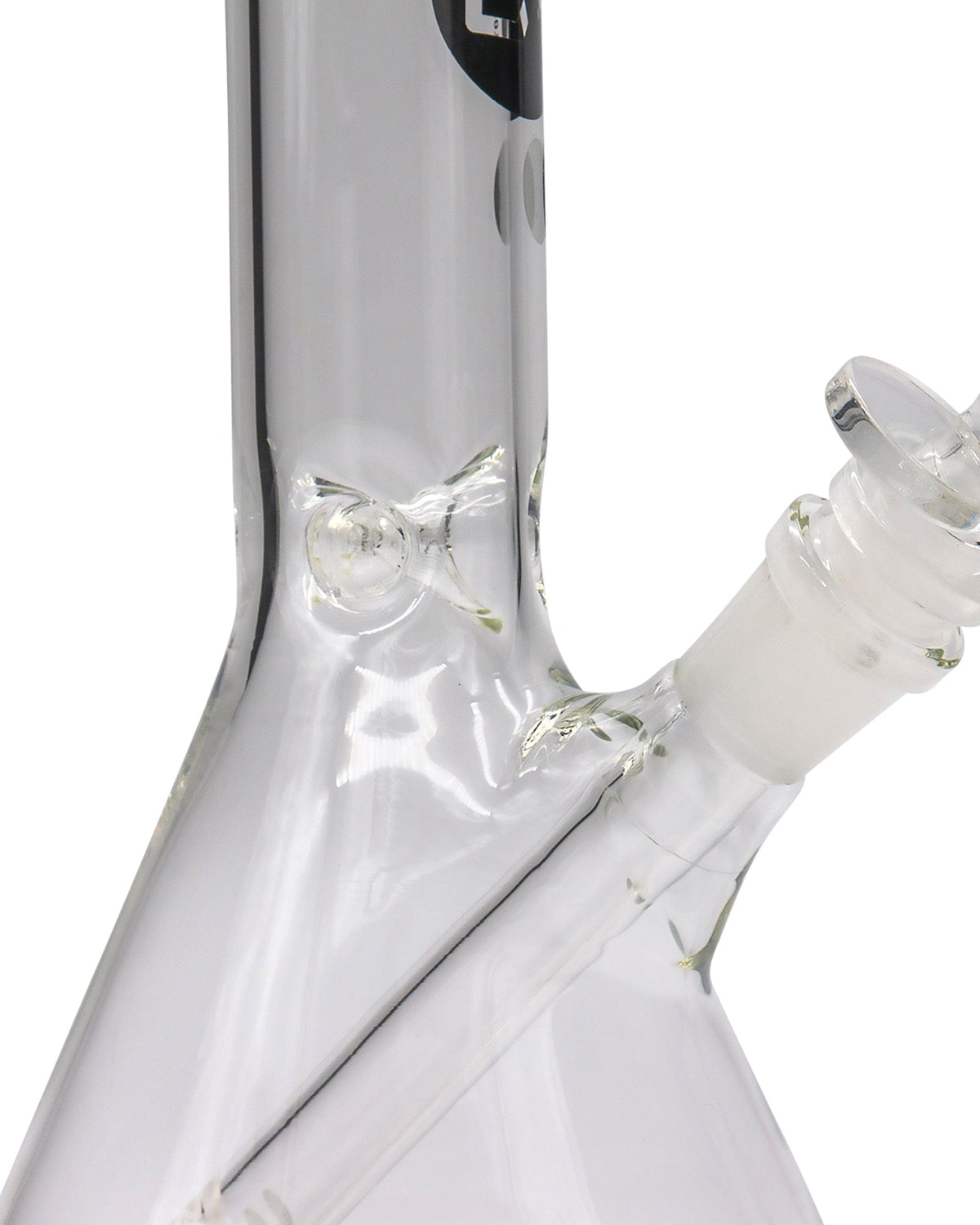 A close-up, angled view of the 8" Thick Glass Beaker Waterpipe, showcasing its clear glass construction and simple form.