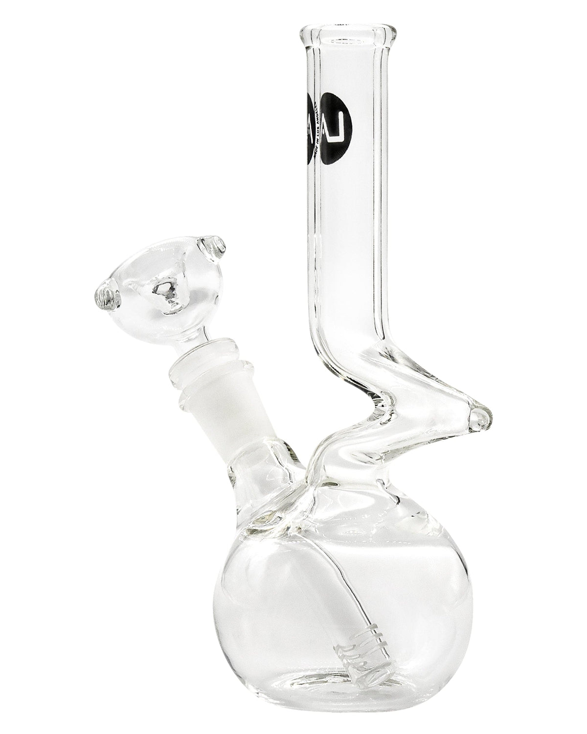 A front view of the 8" Zong Bubble Beaker, displaying the clear glass beaker’s rounded shape and simple design.