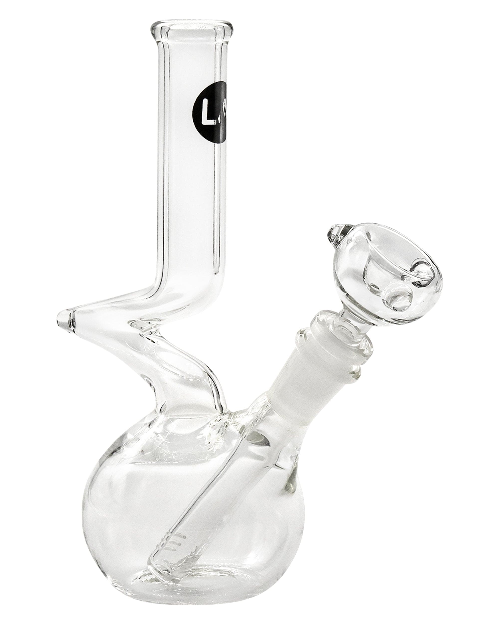 Front view of the 8" Zong Bubble Beaker, a clear glass beaker with a rounded base and simple tube design.
