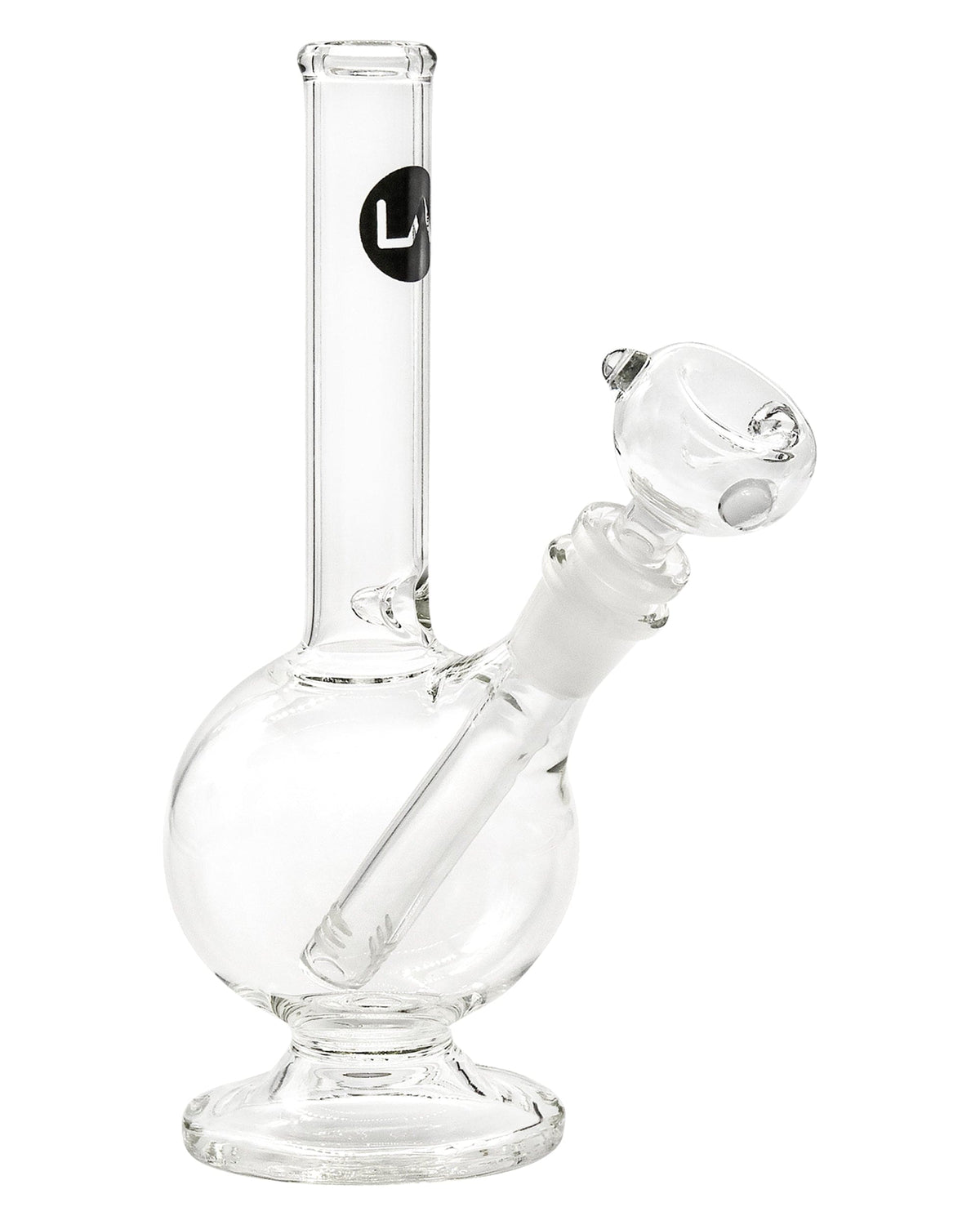 Front view of the 9" Pedestal Bubble Beaker Waterpipe, showcasing its clear glass construction and rounded base.