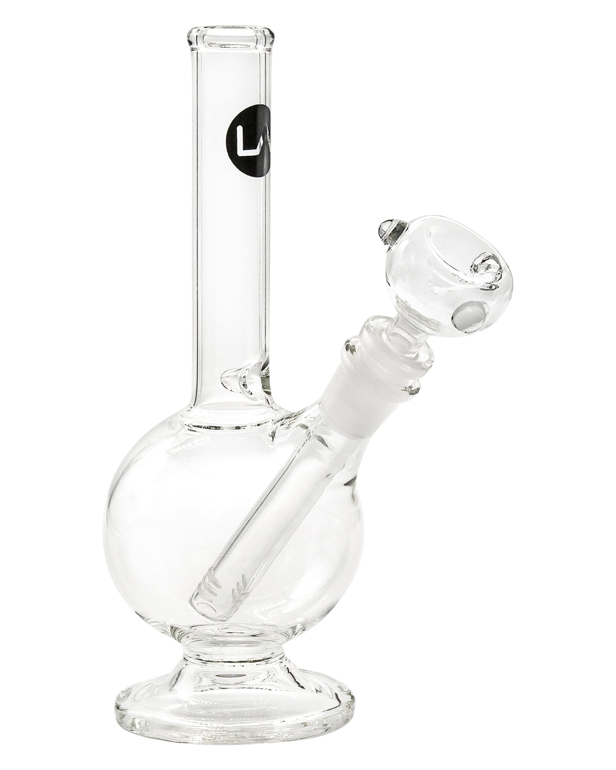 Front view of the 9" Pedestal Bubble Beaker Waterpipe, showcasing its clear glass construction and rounded base.