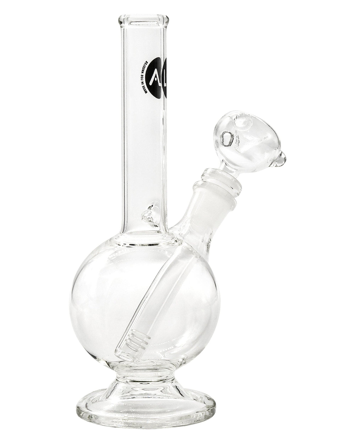 A studio shot of the 9" Pedestal Bubble Beaker Waterpipe, displaying its clear glass construction and rounded base.