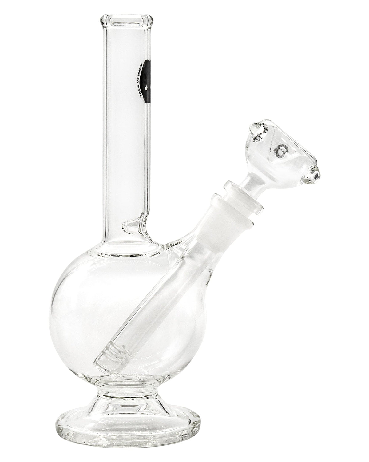 A three-quarter view of the 9" Pedestal Bubble Beaker Waterpipe, showcasing its clear glass construction and rounded base.