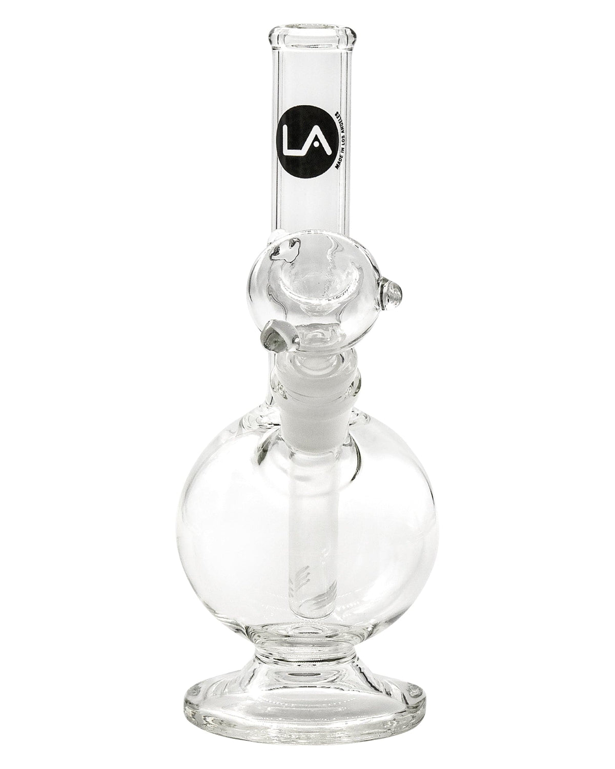 A studio shot of the 9" Pedestal Bubble Beaker Waterpipe, displaying its clear glass construction and rounded beaker shape.
