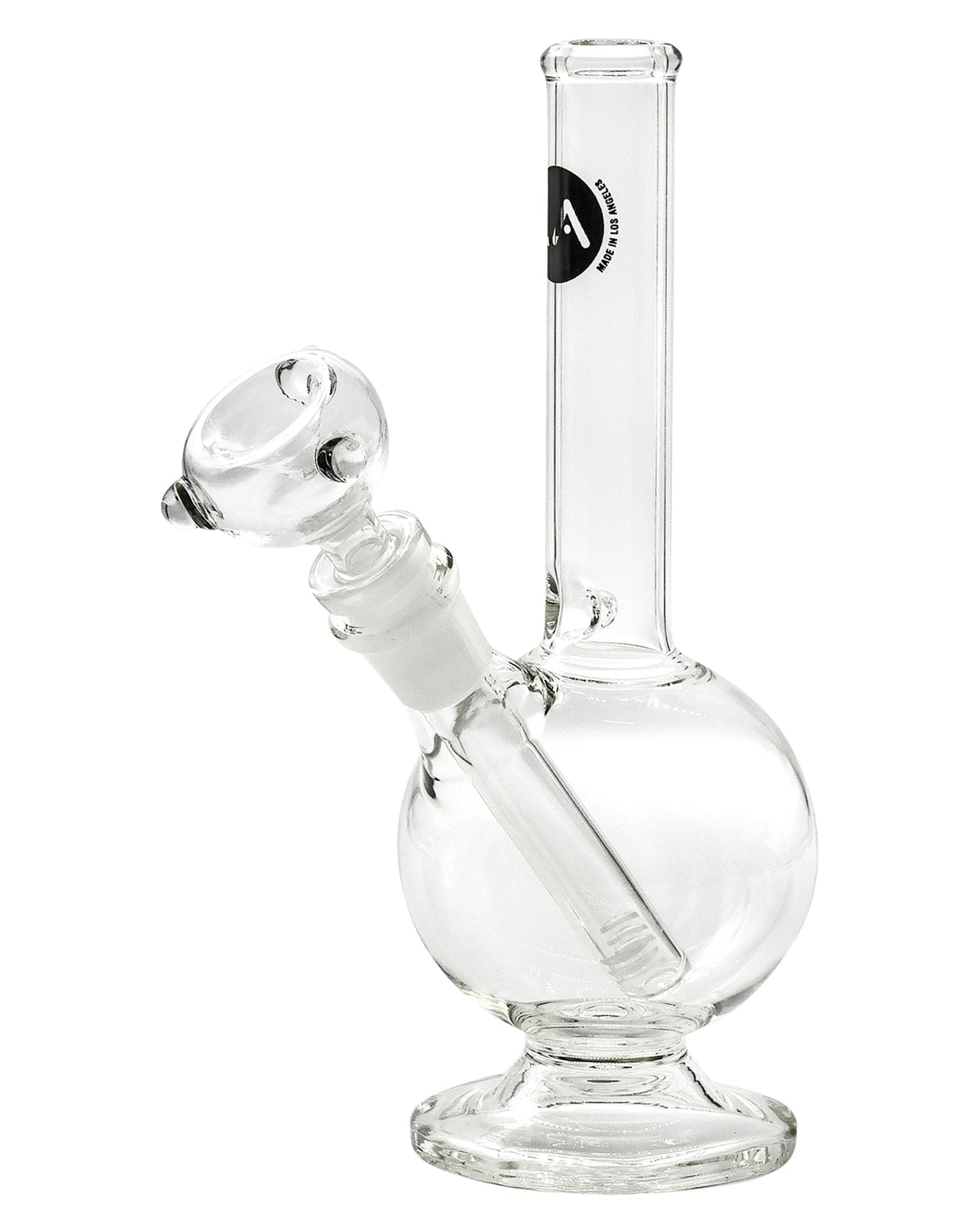 A studio shot of the 9" Pedestal Bubble Beaker Waterpipe, showcasing its clear glass construction and rounded base.