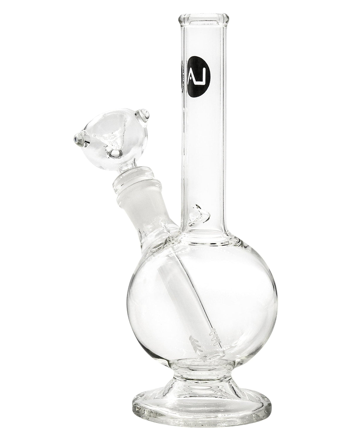 A studio shot of the 9" Pedestal Bubble Beaker Waterpipe, highlighting its clear glass construction and rounded base.