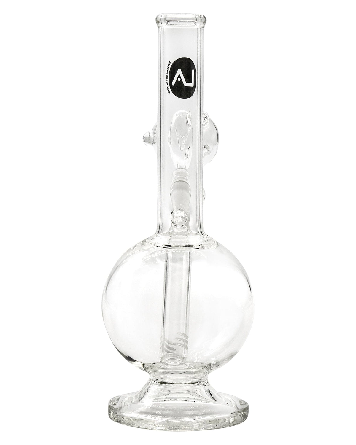 A studio shot of the 9" Pedestal Bubble Beaker Waterpipe, showcasing its clear glass construction and classic beaker shape.