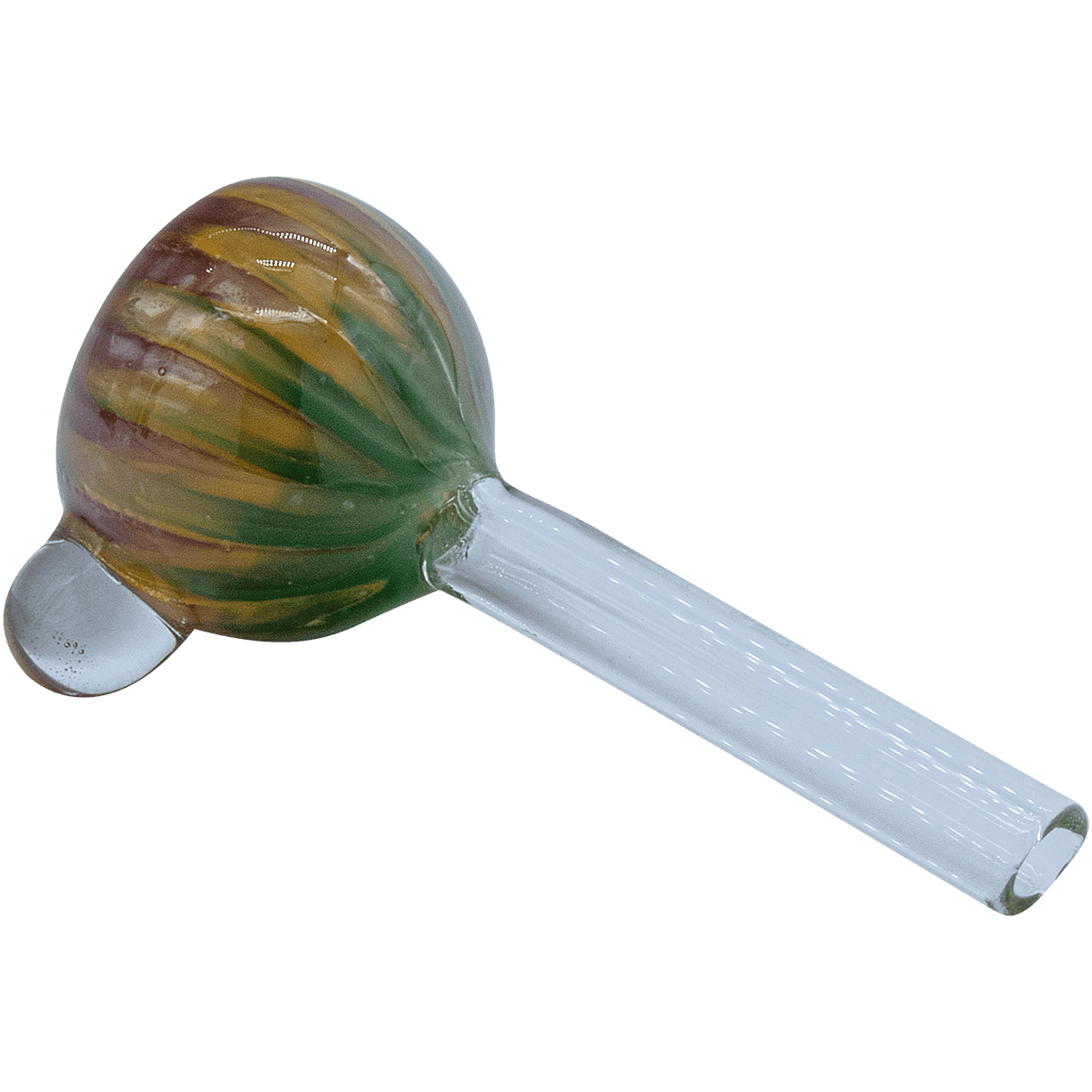 A close-up view of the 9mm Rasta Slide Bowl, showcasing its colorful glass construction and angled design.