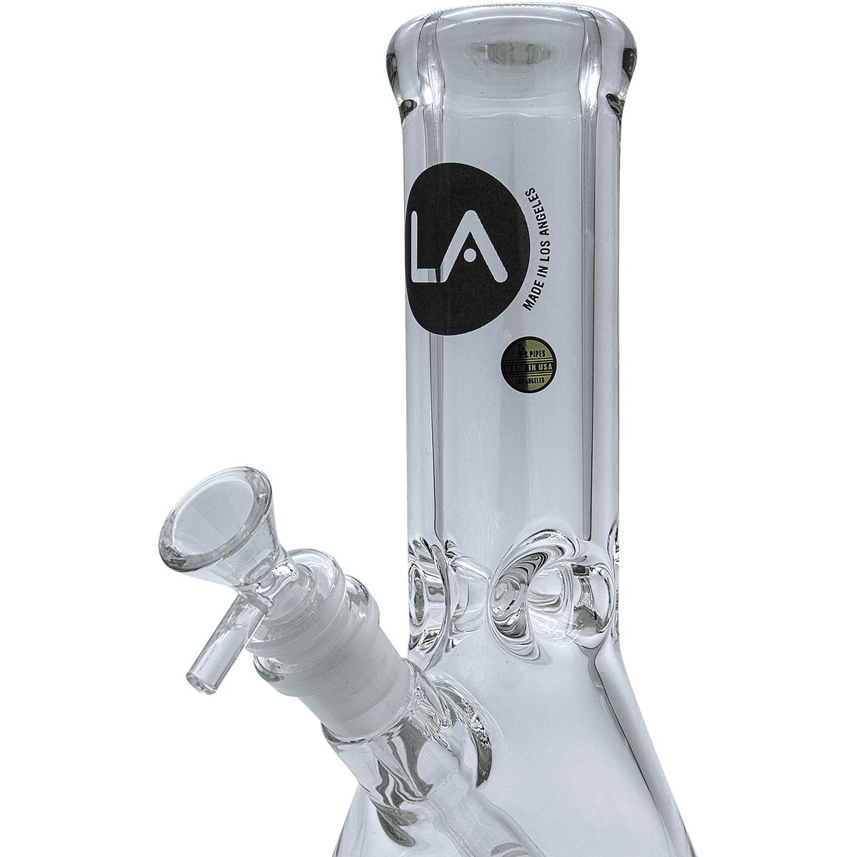 A close-up, angled view of the Agent Stout 9mm Thick Beaker Bong, showcasing its clear glass construction.