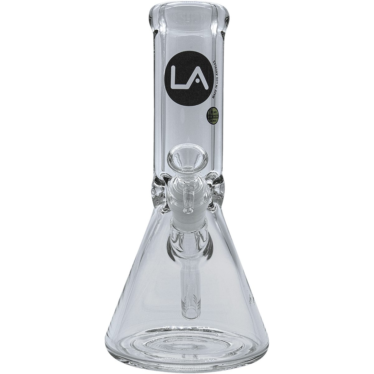 A studio shot of the Agent Stout 9mm Thick Beaker Bong, showcasing the clear glass and classic beaker shape from a low angle.