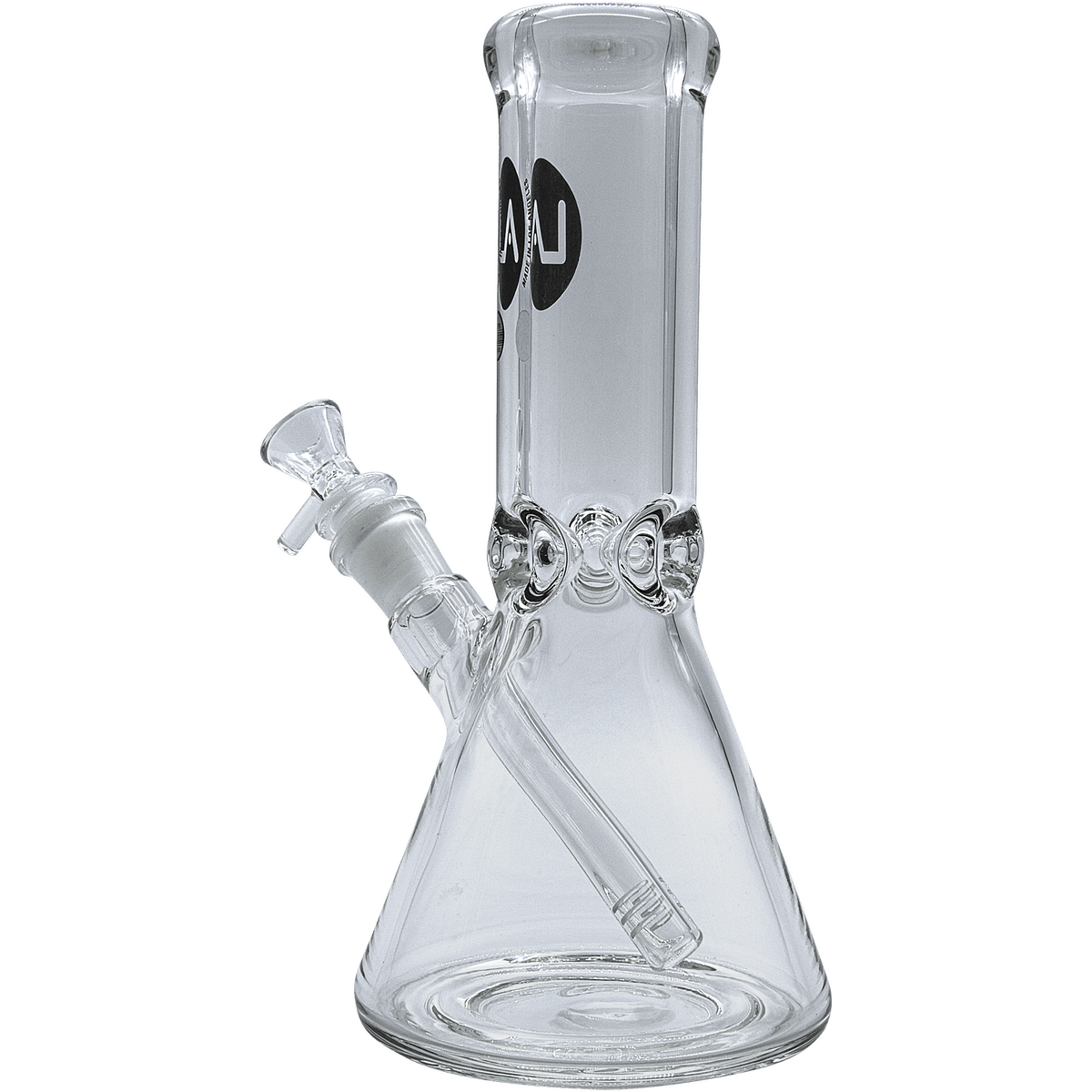 A studio shot of the Agent Stout 9mm Thick Beaker Bong, showcasing the clear glass beaker shape and simple design.