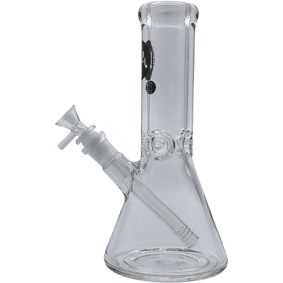 A studio shot of the Agent Stout 9mm Thick Beaker Bong, displaying its clear glass construction and simple beaker shape.