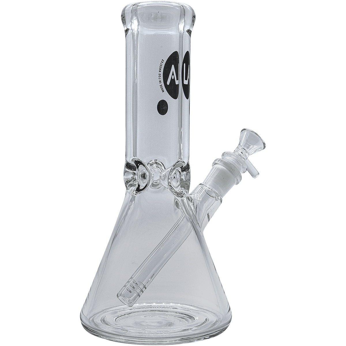 A studio shot of the Agent Stout 9mm Thick Beaker Bong, showing the clear glass beaker shape in a front-facing view.