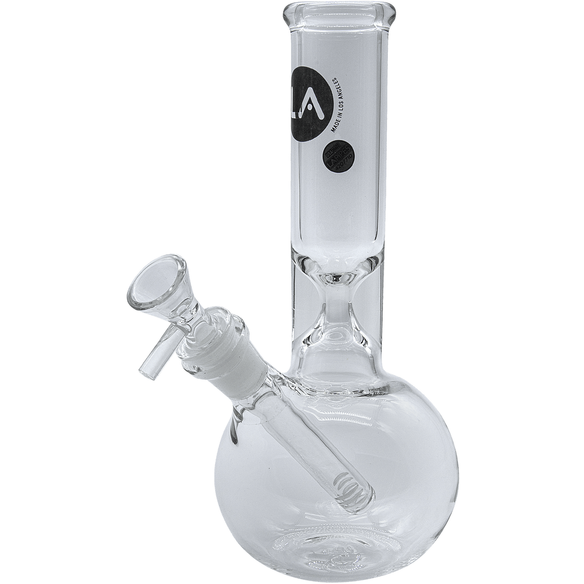 A studio shot of the Baller Bubble Base Bong, showcasing its clear glass construction and rounded base design.
