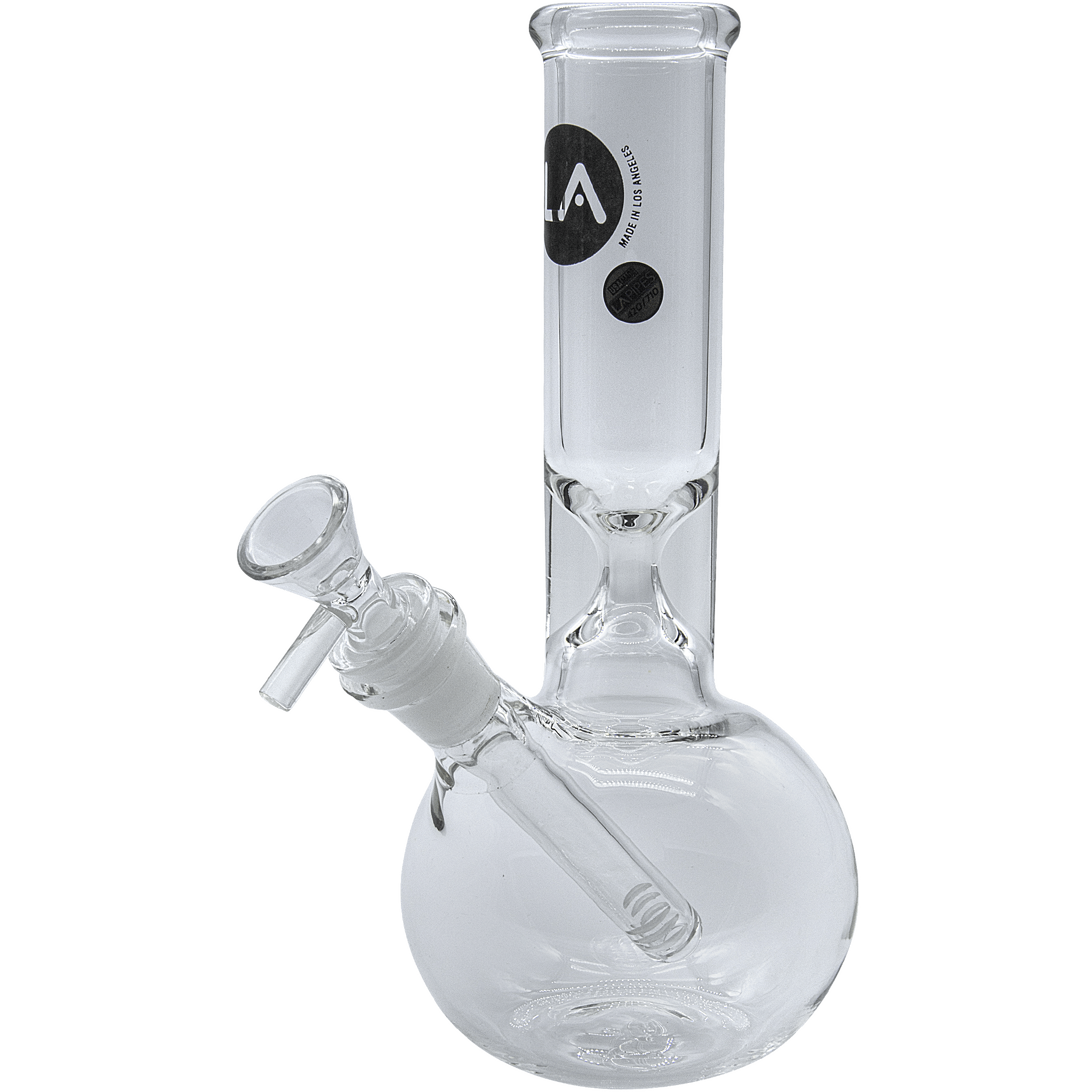 A studio shot of the Baller Bubble Base Bong, showcasing its clear glass construction and rounded base design.