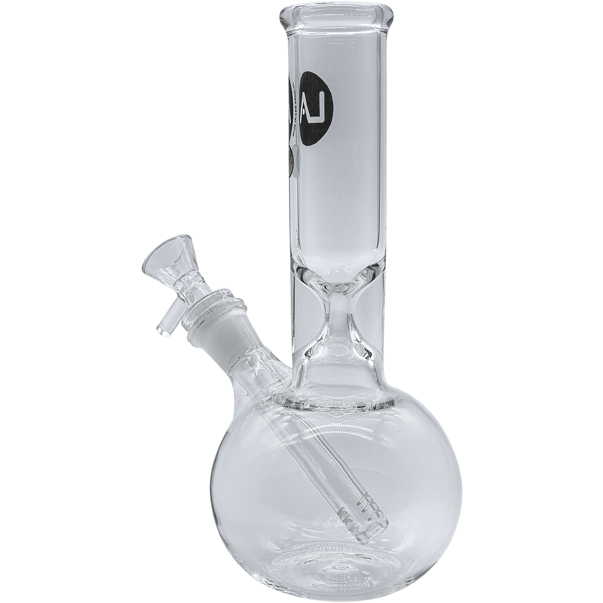 A front view of the Baller Bubble Base Bong, showcasing its clear glass construction and rounded base.