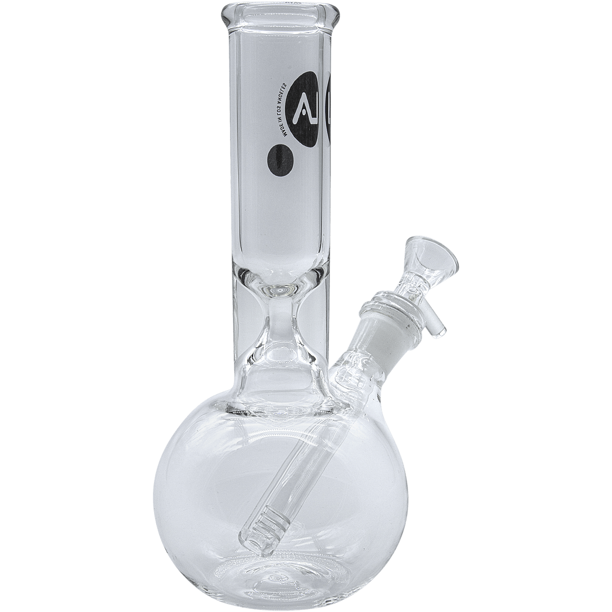 A studio shot of the Baller Bubble Base Bong, showcasing its rounded base and clear glass construction from a low angle.