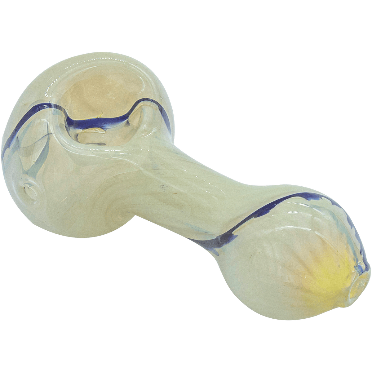 A side view of the Bone White Color Spoon Pipe, showcasing its curved shape and smooth, white glass finish.