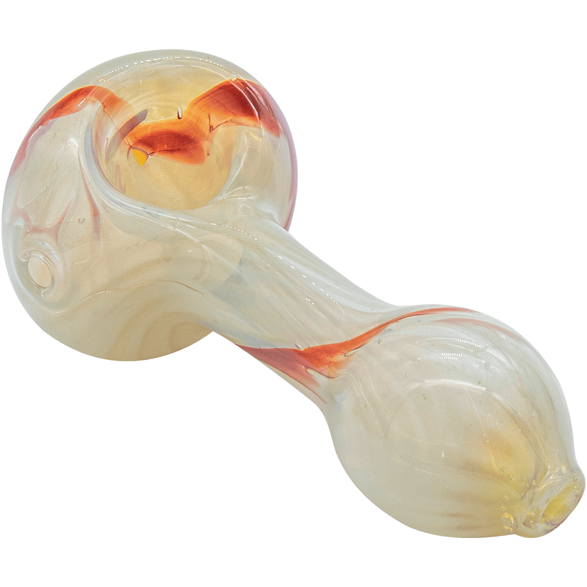 A side view of the Bone White Color Spoon Pipe, displaying its curved form and smooth, translucent finish.