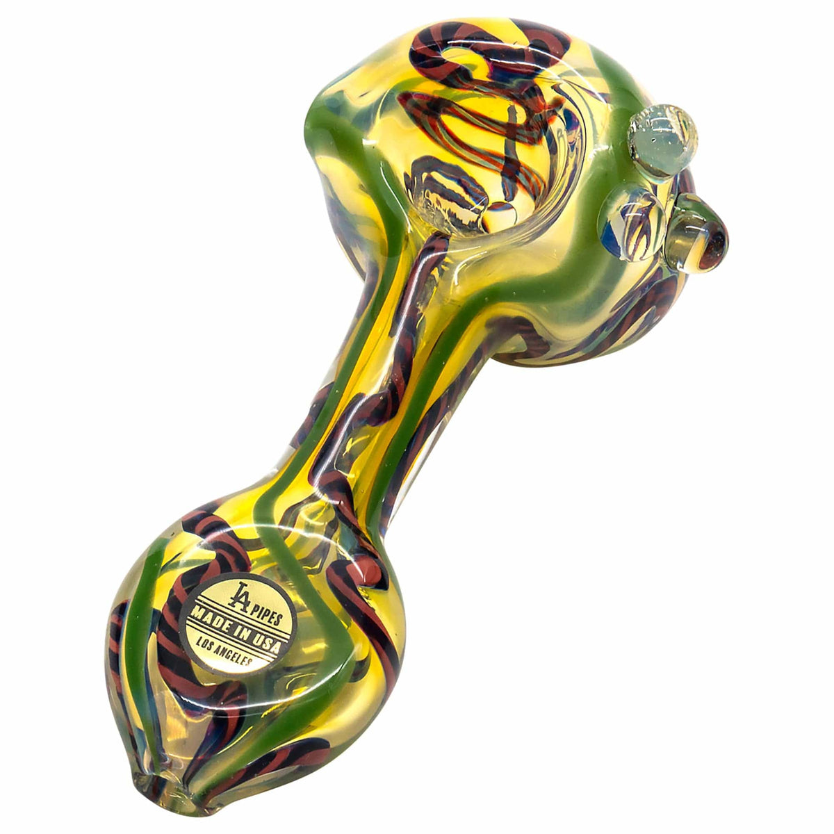 A close-up, angled view of the Candy Spoon Inside-Out Color Changing Glass Pipe, showcasing its swirling, colorful glass design.