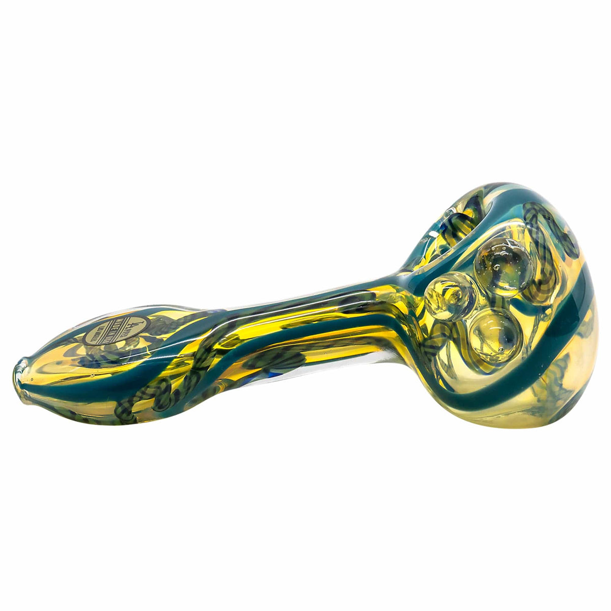 A side view of the Candy Spoon Inside-Out Color Changing Glass Pipe, showcasing its curved form and translucent glass construction.
