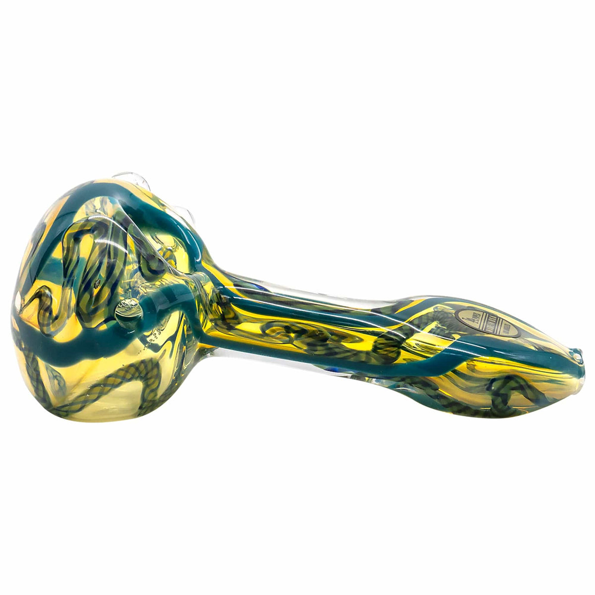 A side view of the Candy Spoon Inside-Out Color Changing Glass Pipe, showing its vibrant, swirling colors and curved design.