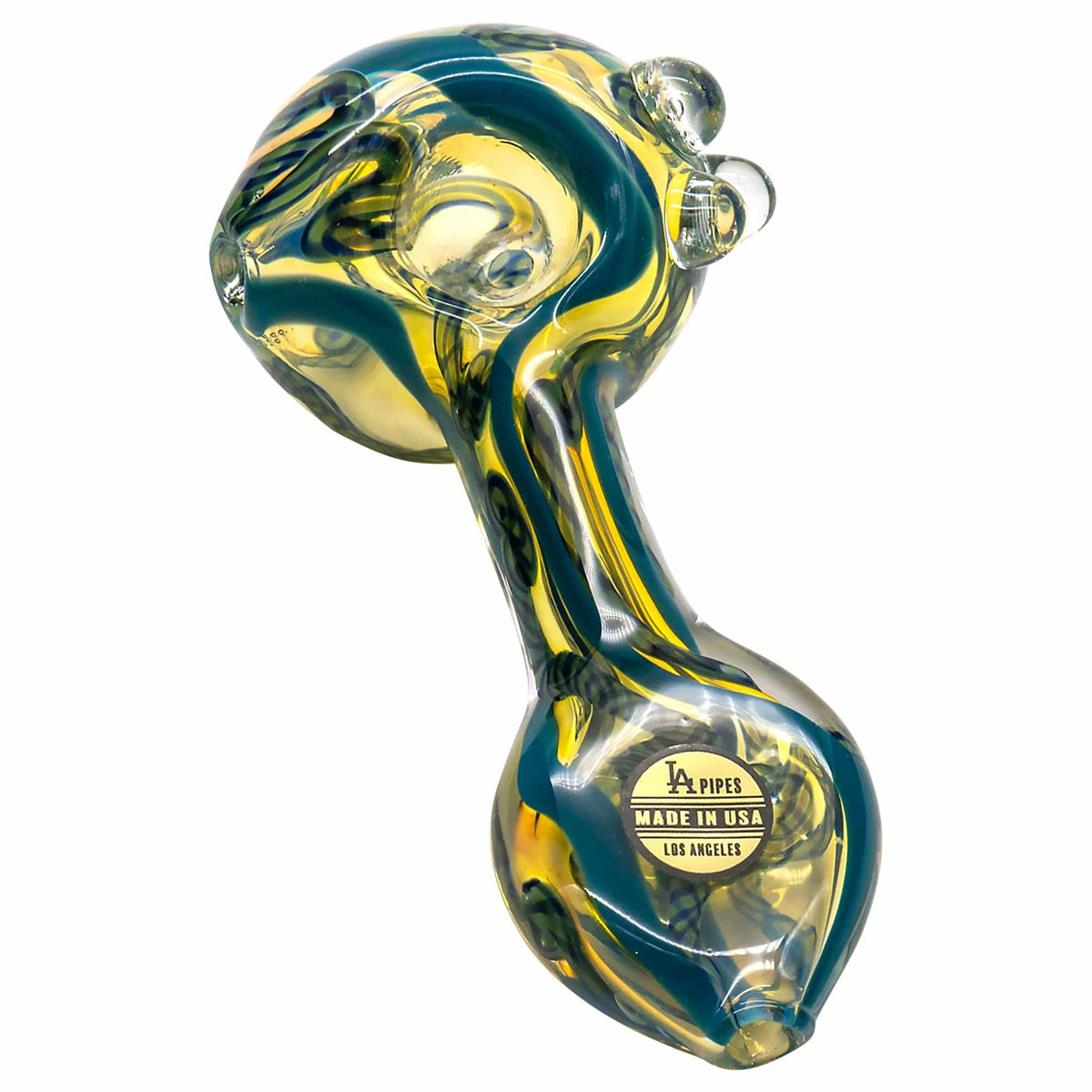 A close-up view of the Candy Spoon Inside-Out Color Changing Glass Pipe, showcasing its curved shape and translucent, shifting hues.