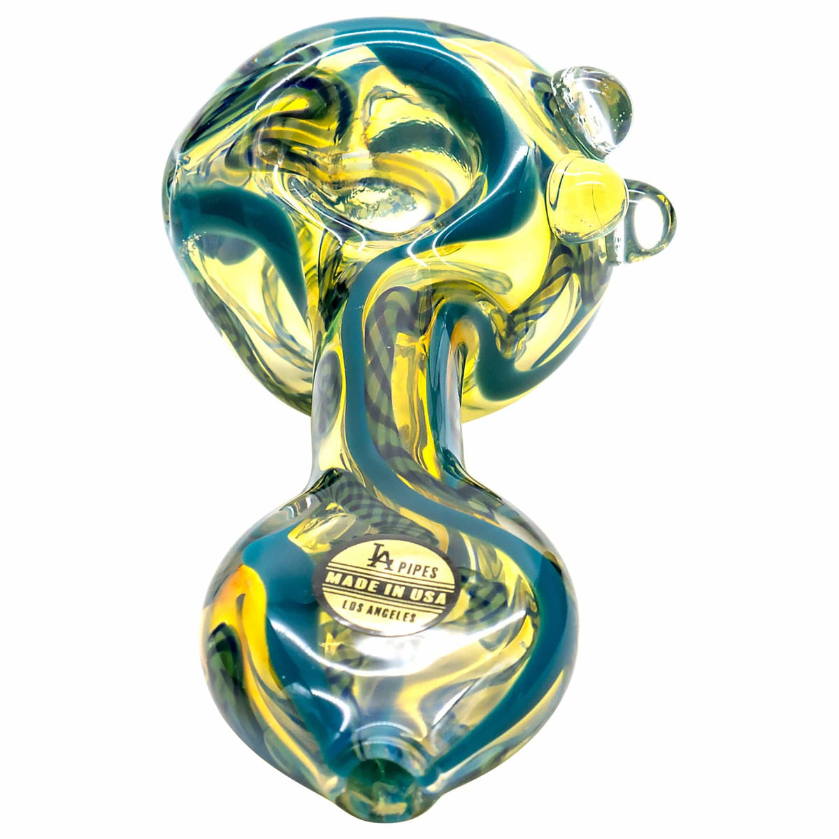 A close-up, angled view of the Candy Spoon Inside-Out Color Changing Glass Pipe, showcasing its swirling, translucent colors.