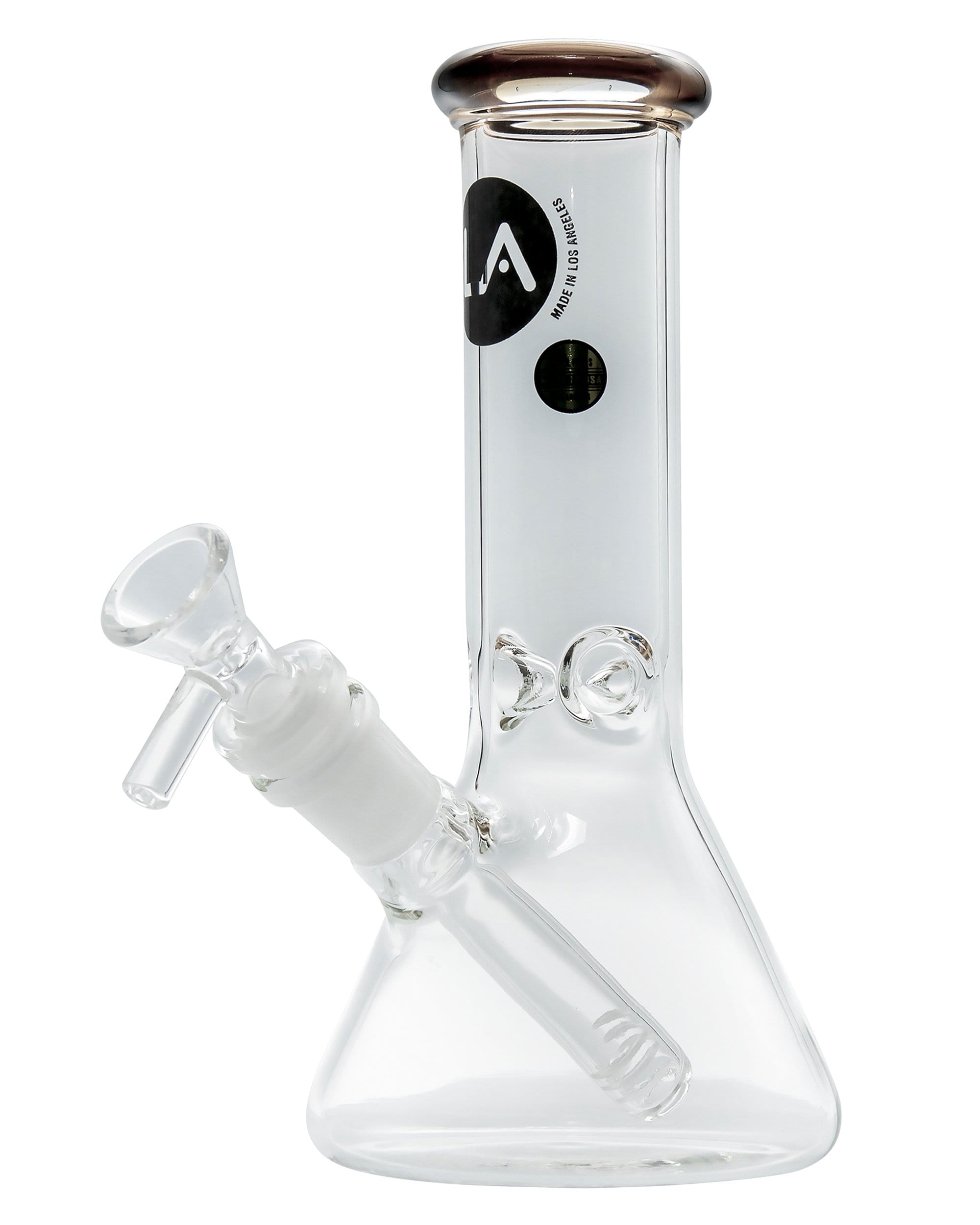 A studio shot of the Color Accented Mini Beaker Bong, displaying its clear glass construction and compact beaker shape.