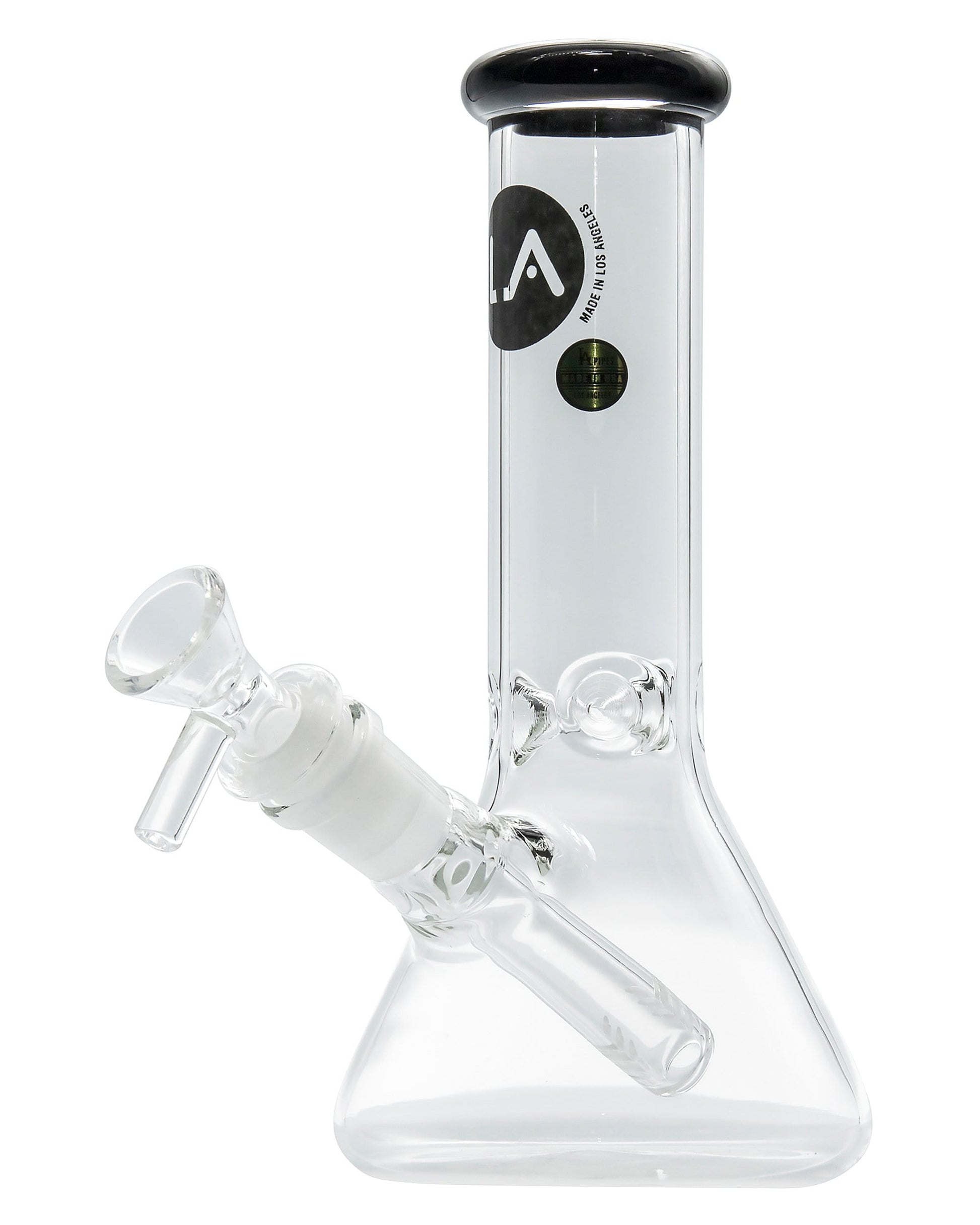 Front view of the Color Accented Mini Beaker Bong, with a clear glass base and colorful accents visible in the chamber.