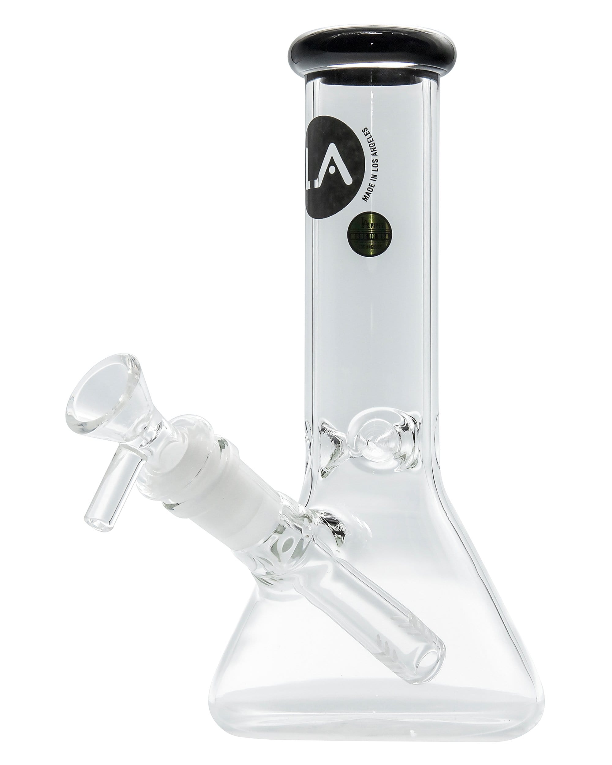 Front view of the Color Accented Mini Beaker Bong, with a clear glass base and colorful accents visible in the chamber.