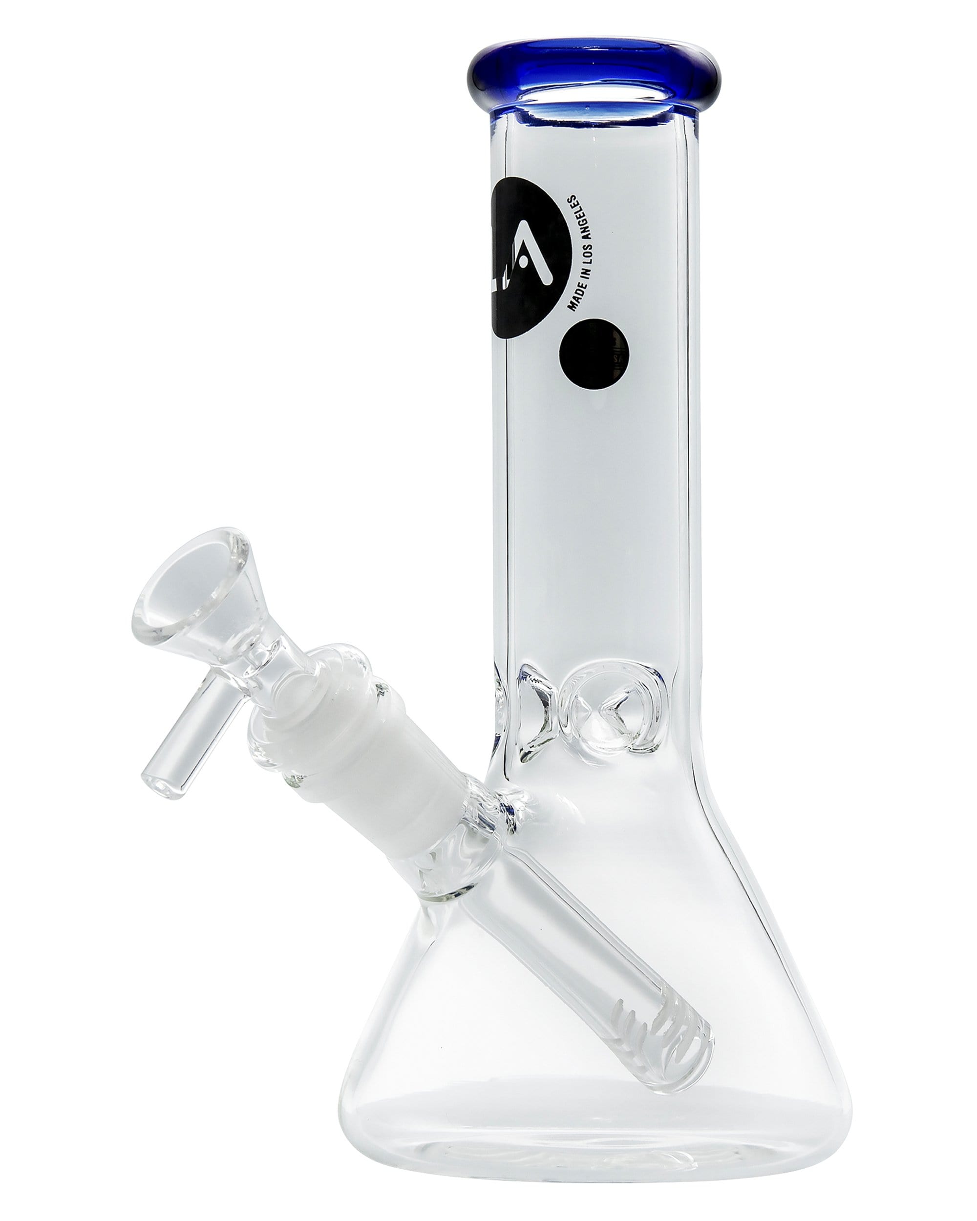 A three-quarter view of the Color Accented Mini Beaker Bong, showcasing its clear glass construction and simple, compact design.