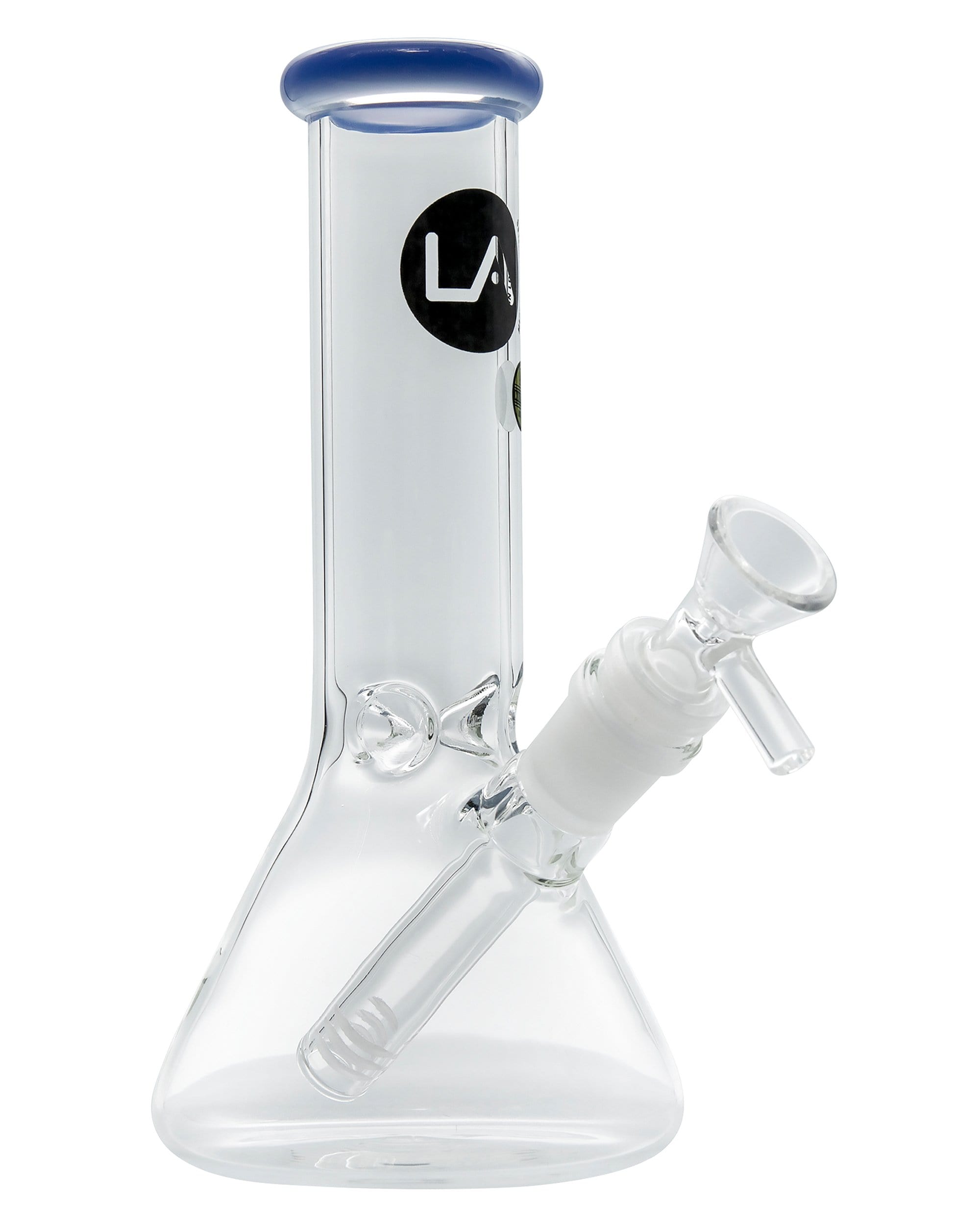 Front view of the Color Accented Mini Beaker Bong, showcasing the clear glass design and simple silhouette.