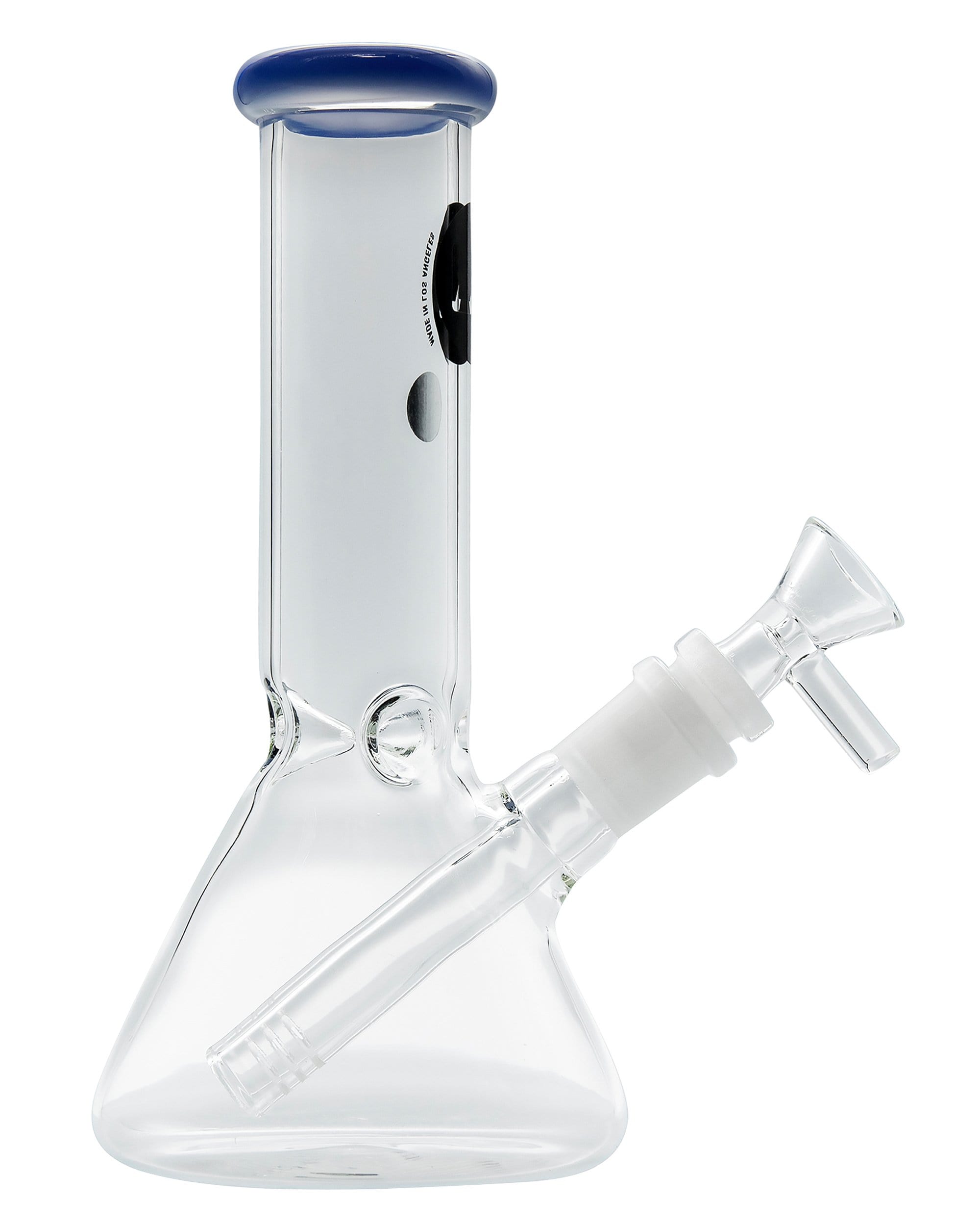 A studio shot of the Color Accented Mini Beaker Bong, showcasing its clear glass construction and blue accent near the top.