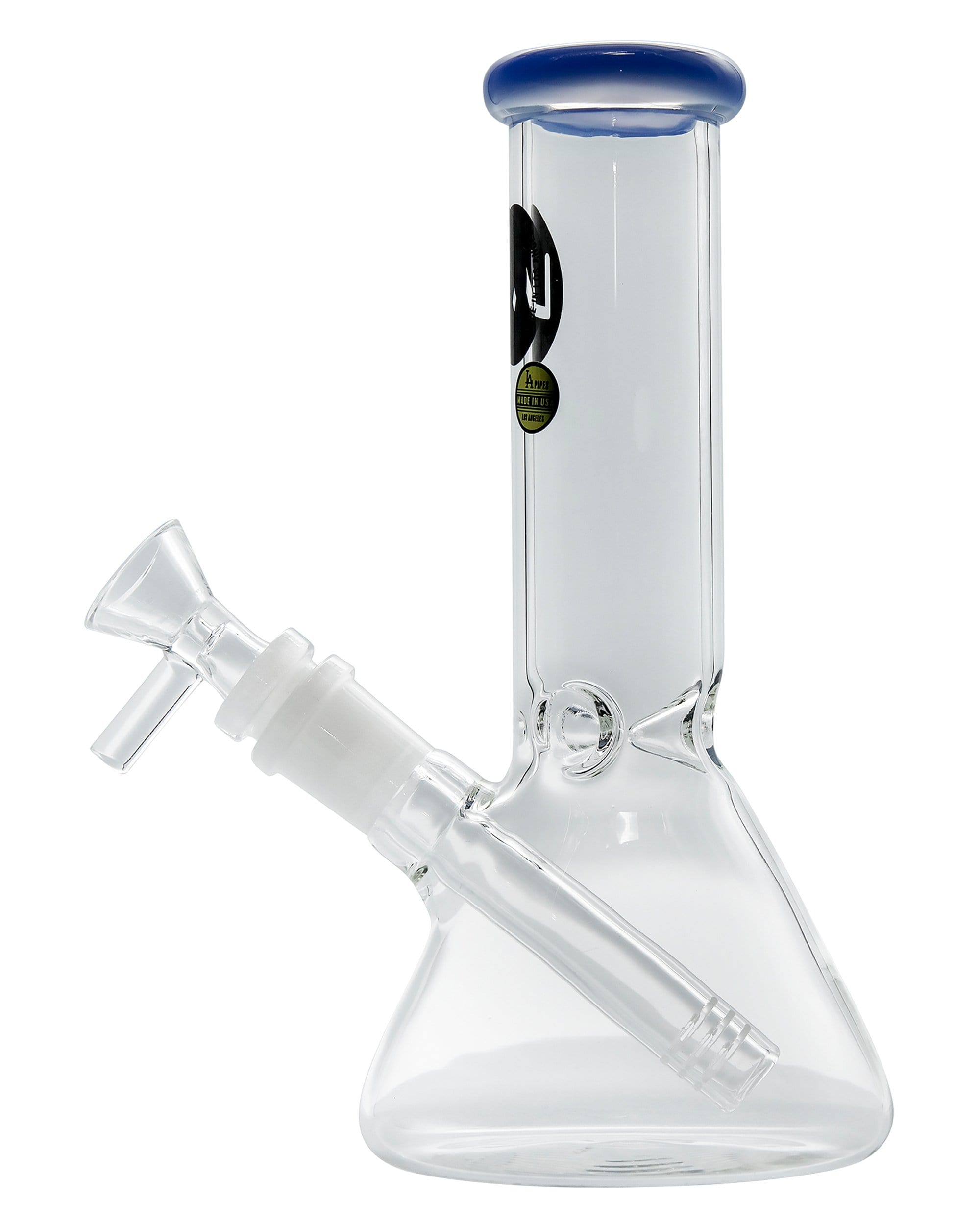 Front view of the Color Accented Mini Beaker Bong, showcasing its clear glass construction and simple, compact design.