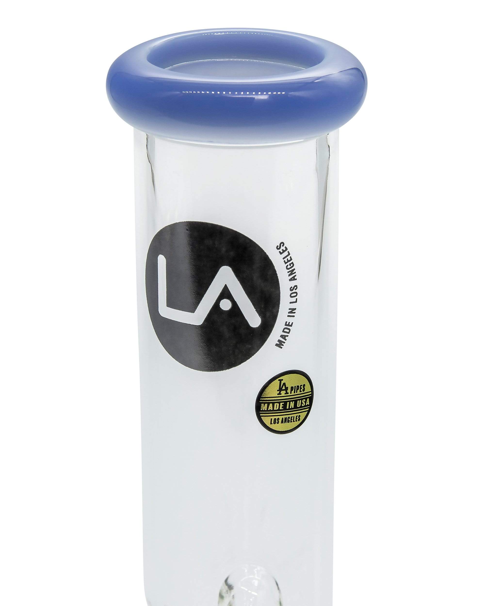 Front view of the Color Accented Mini Beaker Bong, highlighting its simple shape and blue accent around the mouth piece.