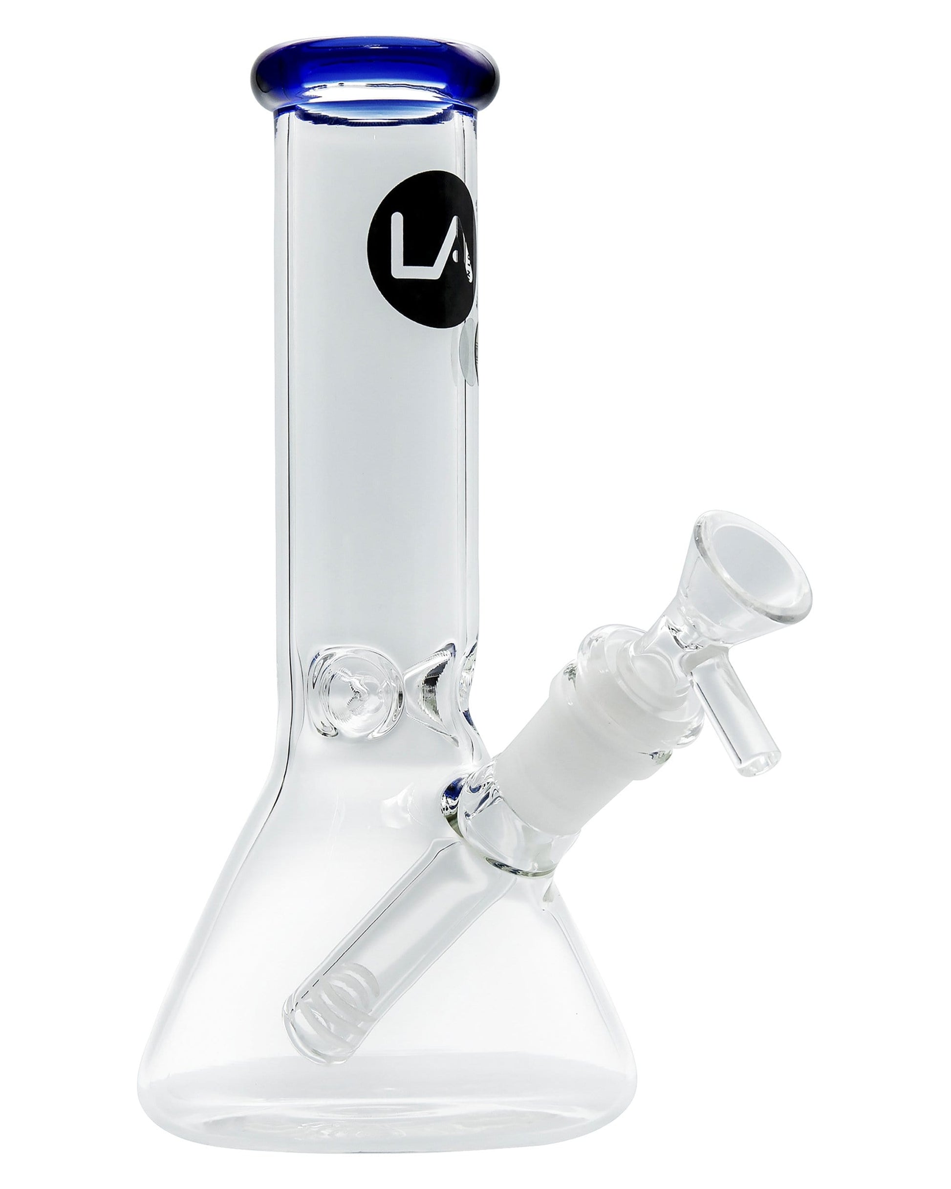A front view of the Color Accented Mini Beaker Bong, showcasing the clear glass design with a blue-colored accent rim.