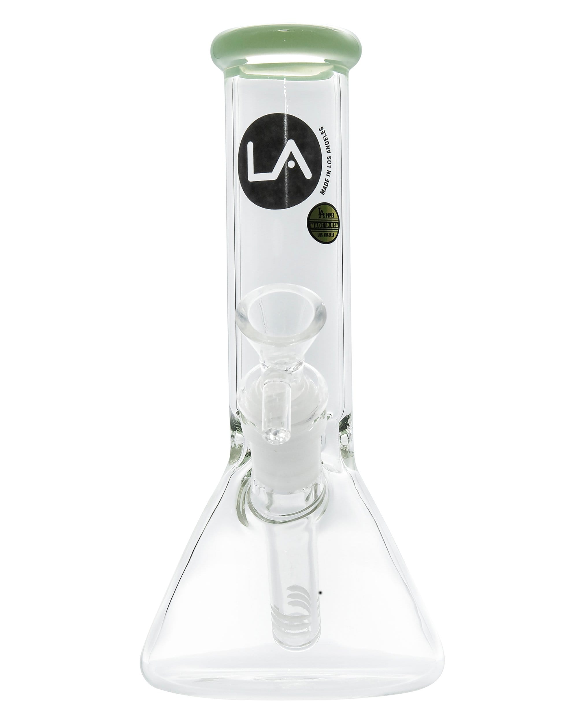 A studio shot of the Color Accented Mini Beaker Bong, displaying its clear glass construction and simple, rounded form.